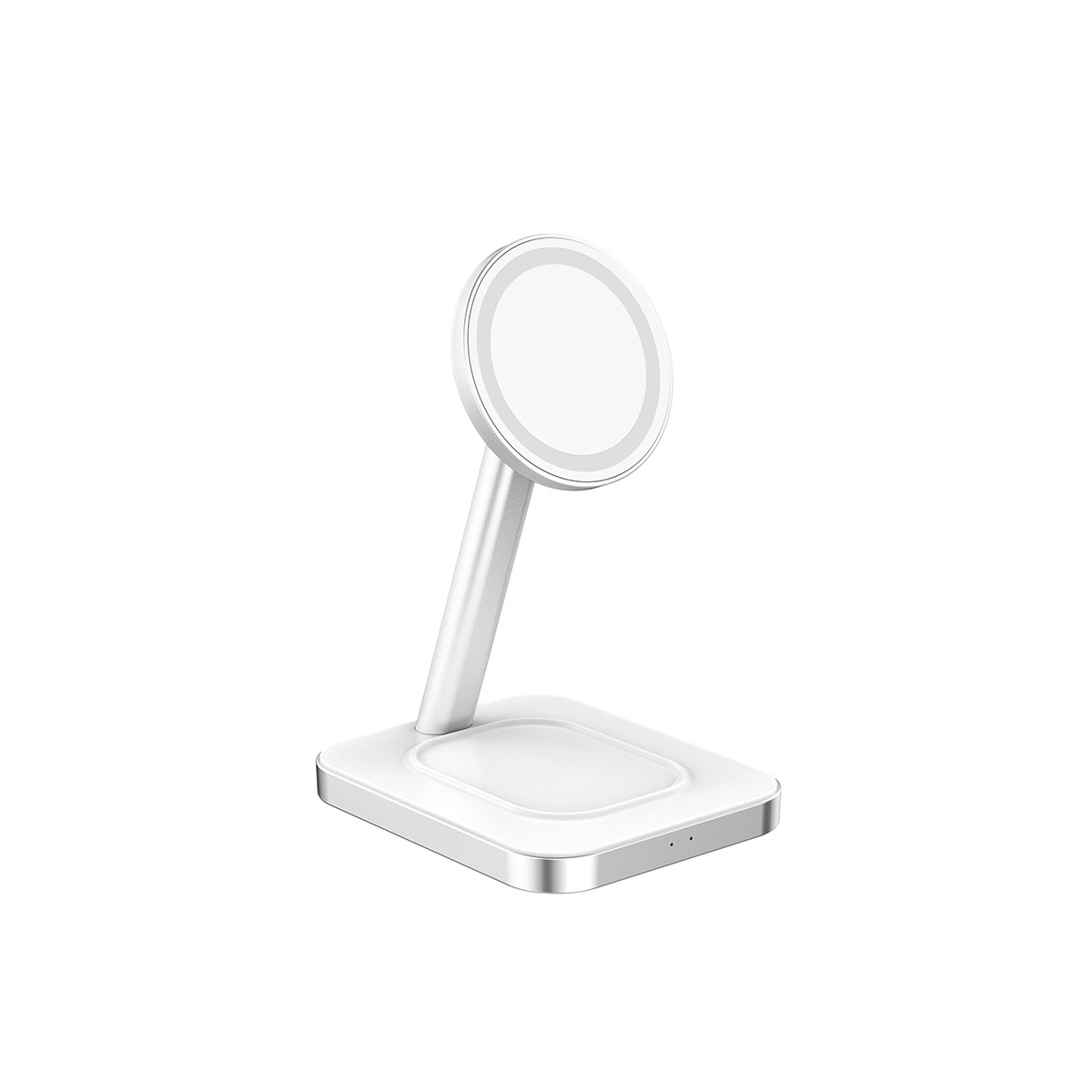 Un soporte de carga inalámbrico blanco y plateado. Tiene una almohadilla de carga circular en un brazo inclinado, sujeta a una base rectangular.