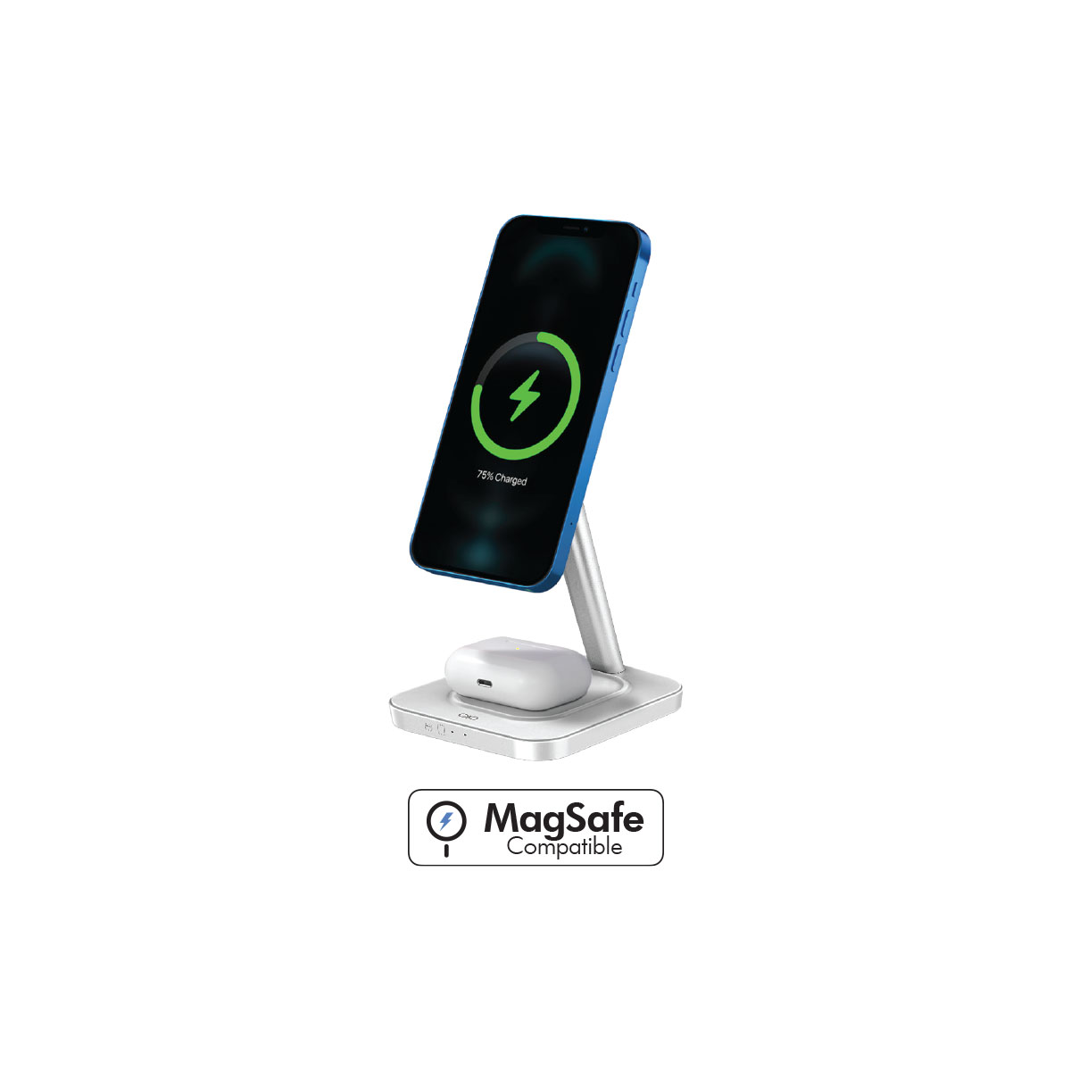 Un teléfono cargando en un soporte, con AirPods y un logotipo de MagSafe. El teléfono se está cargando, mostrando 75% cargado.