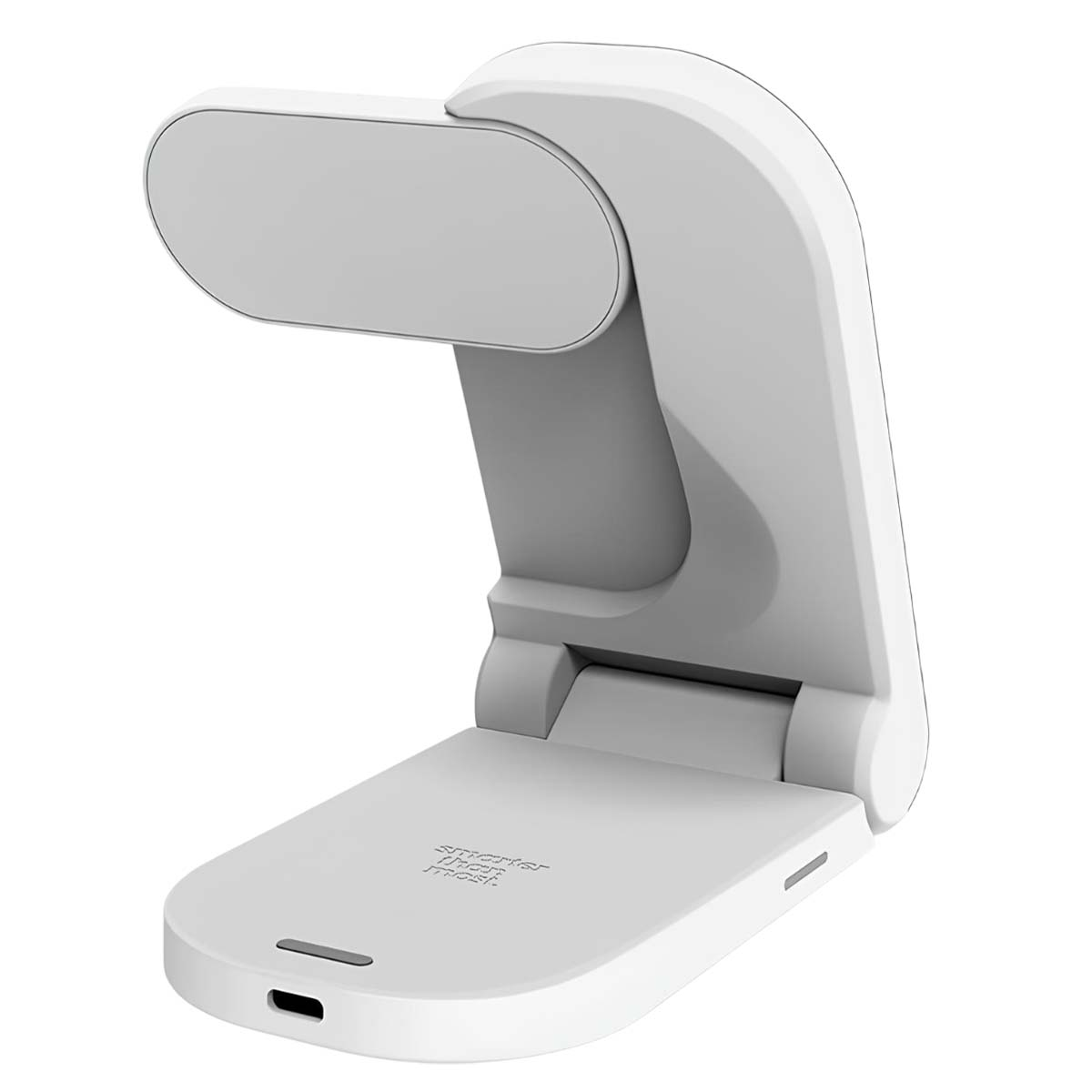 Un supporto per telefono pieghevole bianco. Ha una base, un supporto verticale e una parte superiore pieghevole.