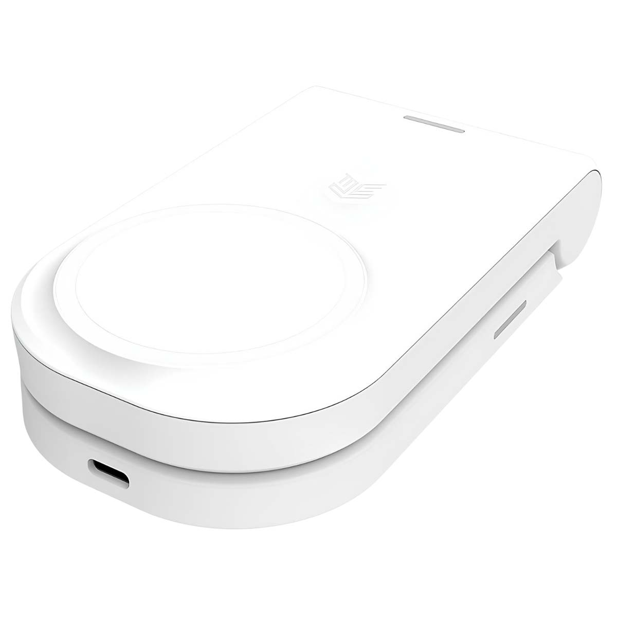 Un caricatore wireless bianco e pieghevole, con un pad di ricarica circolare sulla parte superiore. Il dispositivo ha una porta USB-C e un logo.