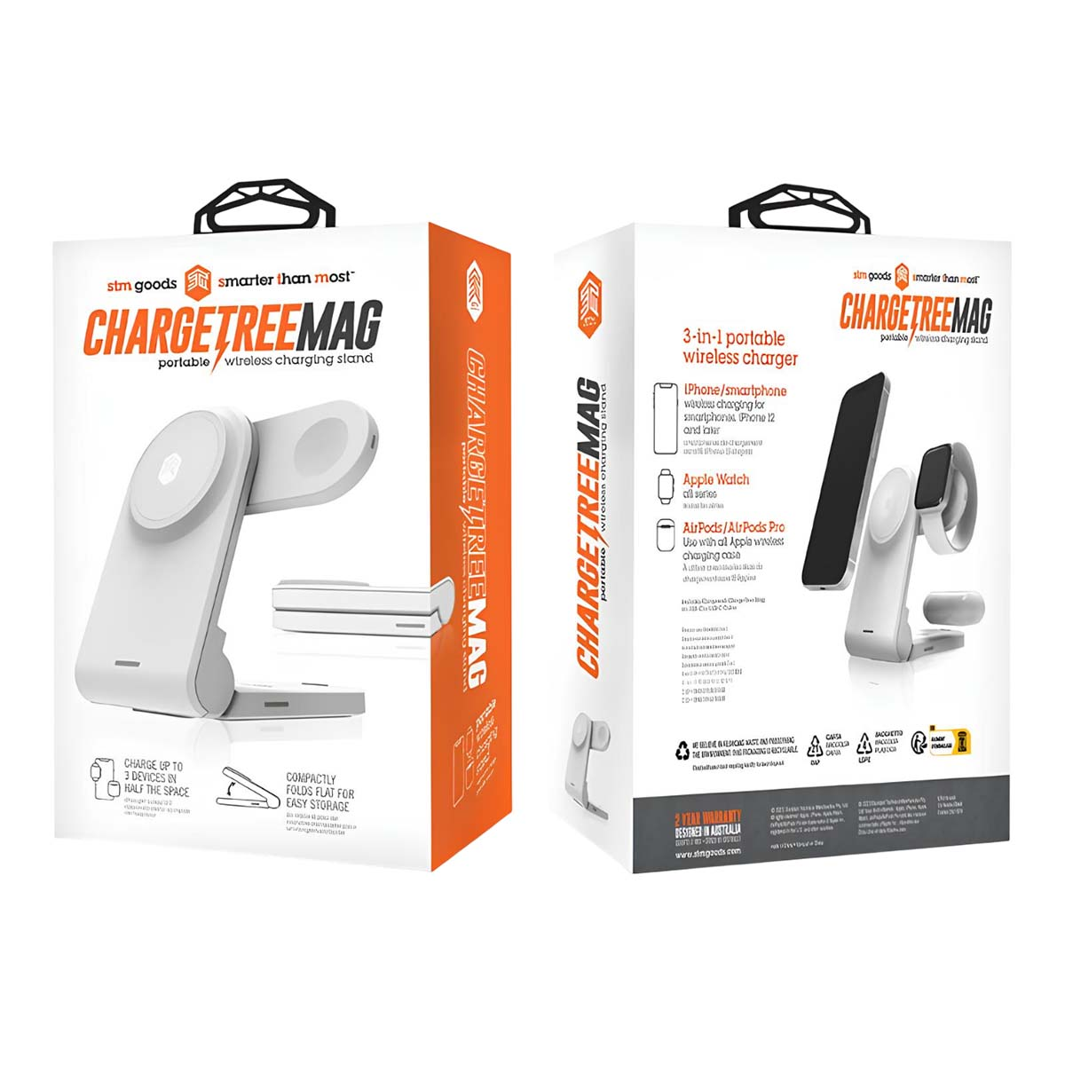 Scatola caricatore wireless ChargeTreeMag bianca. Mostra la ricarica di telefono, orologio e AirPods. Accenti e testo arancioni.