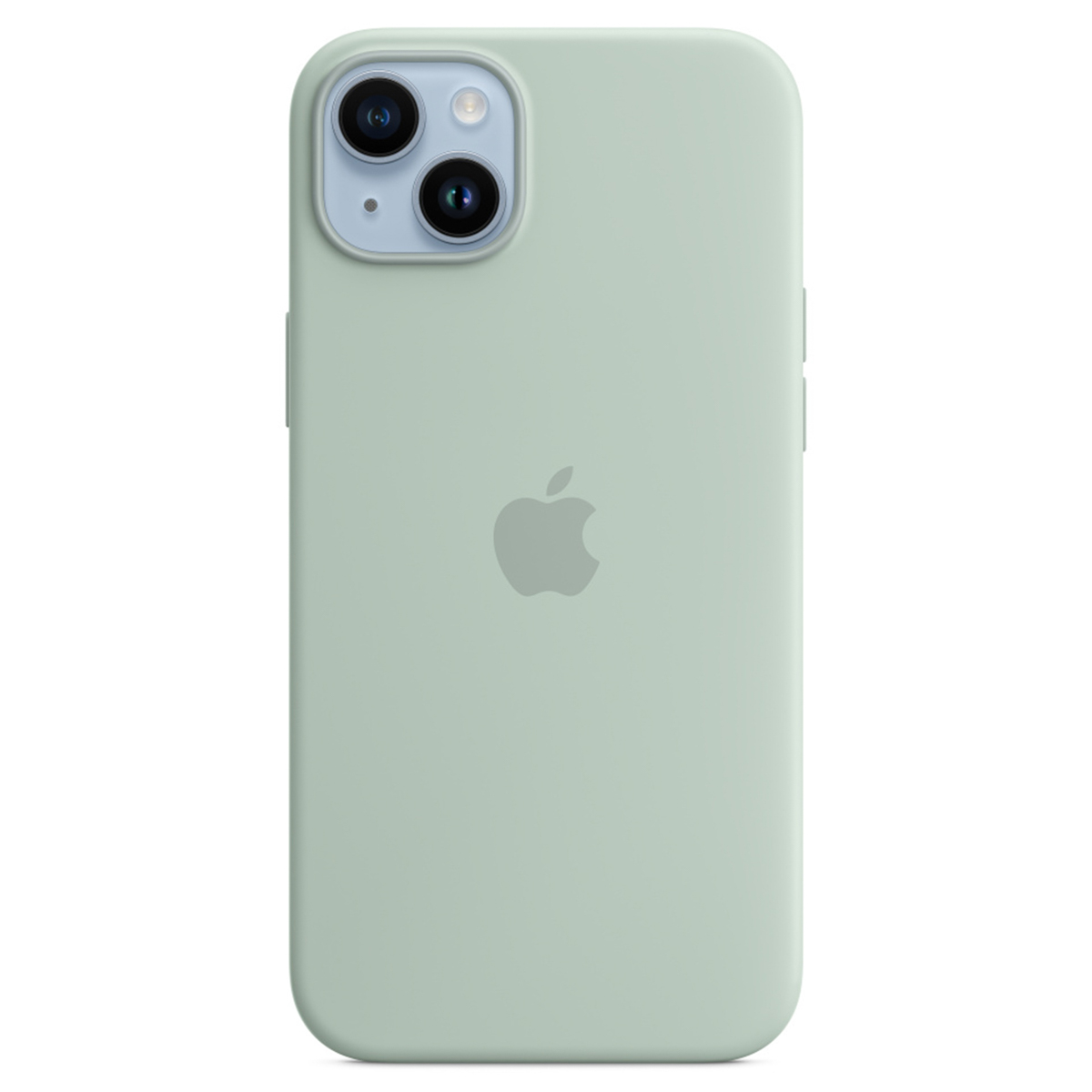 Een mintgroene iPhone-hoes met een Apple-logo. De hoes heeft cameralenzen linksboven. De achtergrond is wit.