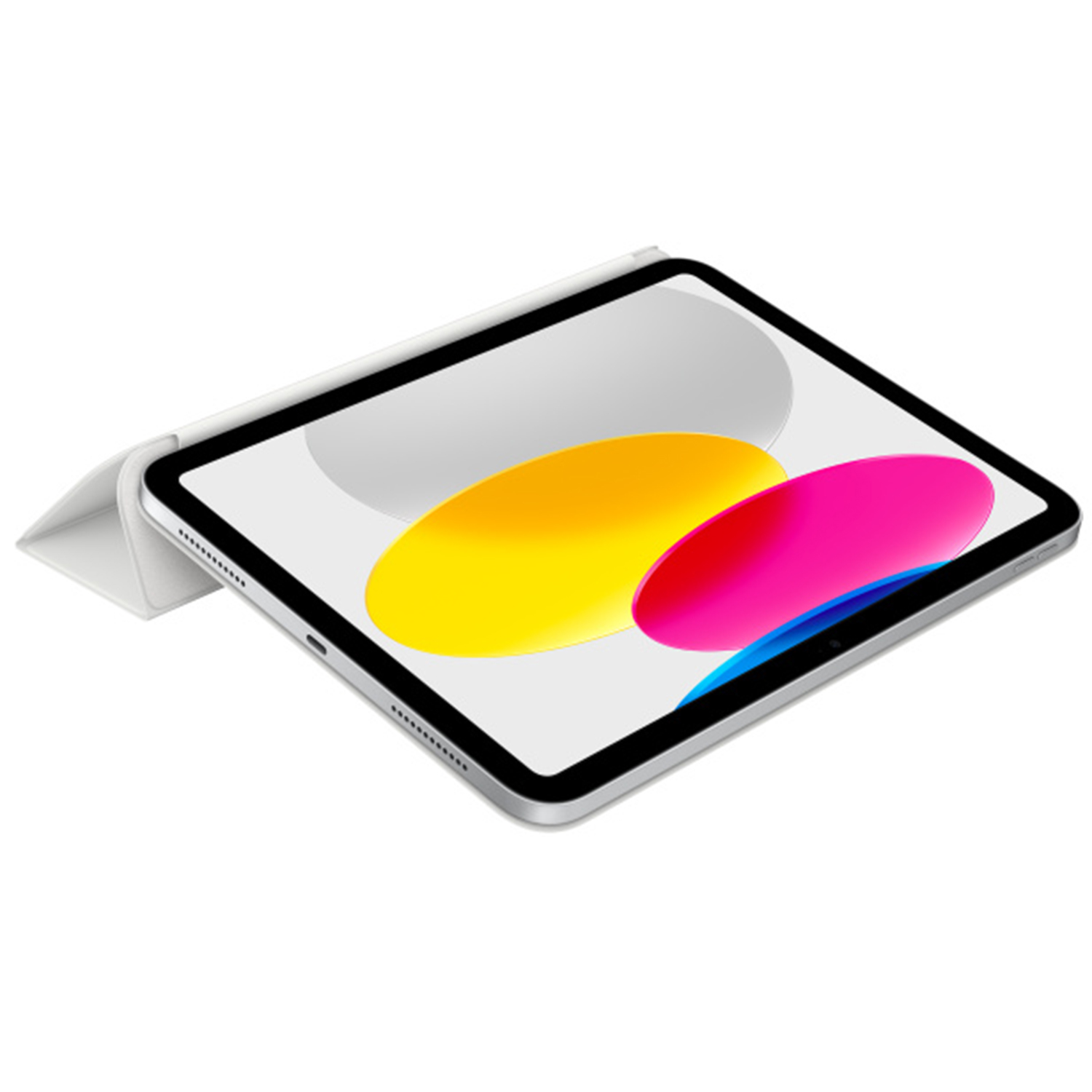 Ein iPad Pro mit weißer Hülle. Der Bildschirm zeigt gelbe, rosa und blaue Formen auf weißem Hintergrund. Die Hülle ist geöffnet.