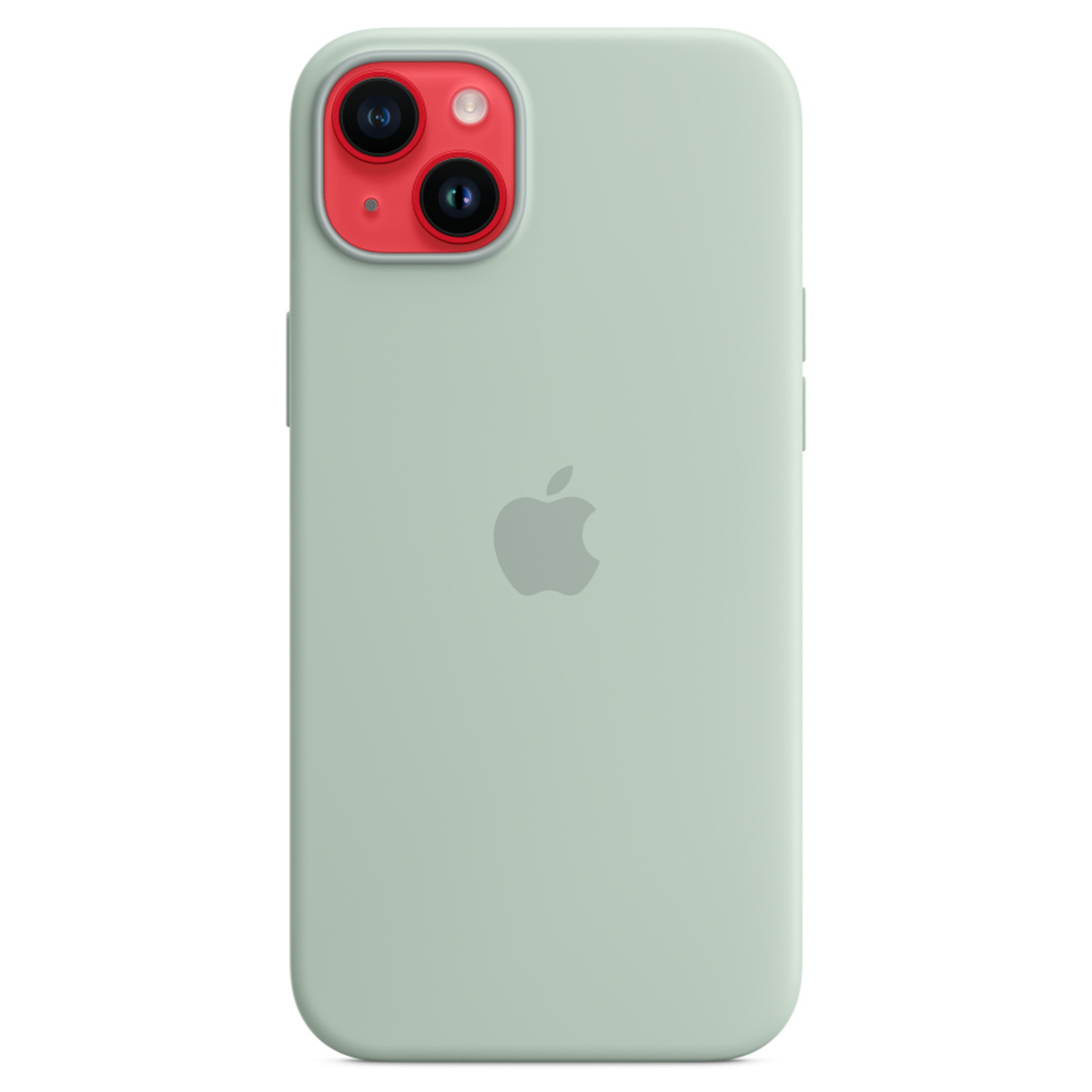 Een mintgroene iPhone met een rode camerasectie. Het Apple-logo staat in het midden. De telefoon zit in een hoesje.