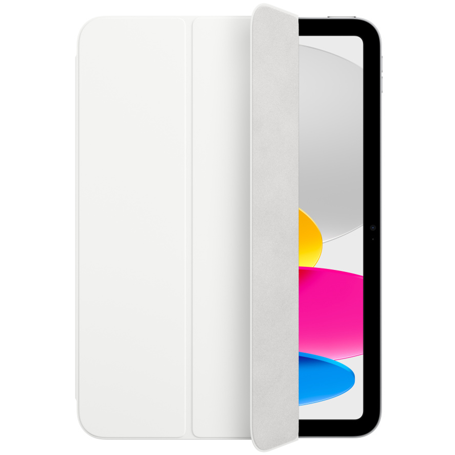 Weißes iPad mit teilweise geöffneter Hülle. Der Bildschirm zeigt einen farbigen Hintergrund mit gelben, rosa und blauen Formen.
