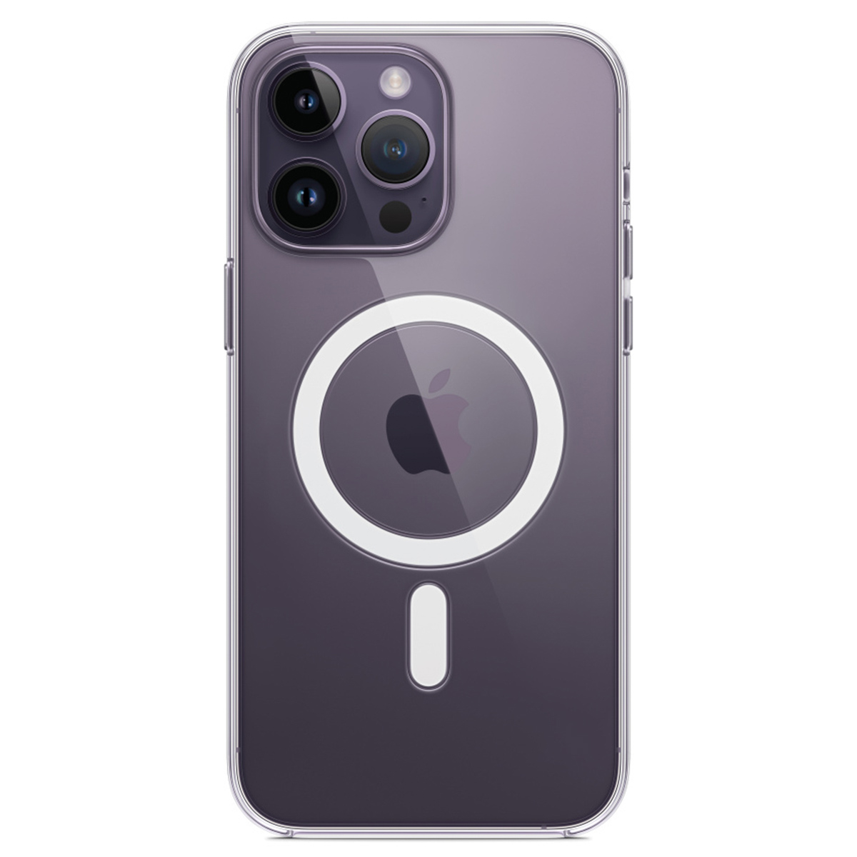 Een doorzichtige iPhone-hoes. Zichtbaar zijn de camera's van de telefoon en het Apple-logo. De hoes heeft een witte MagSafe-cirkel en een witte onderste balk.