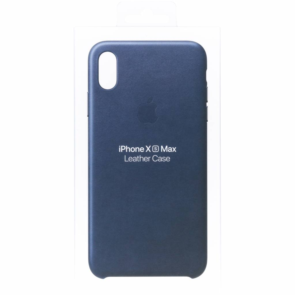 A dark blue iPhone X Max leather case in a clear plastic package. The Apple logo and product name are visible.