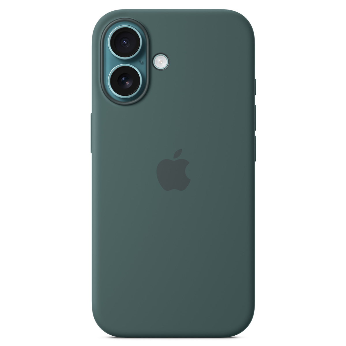 A dark green phone case. It has two camera lenses, a flash, and an Apple logo. The case is on a white background.