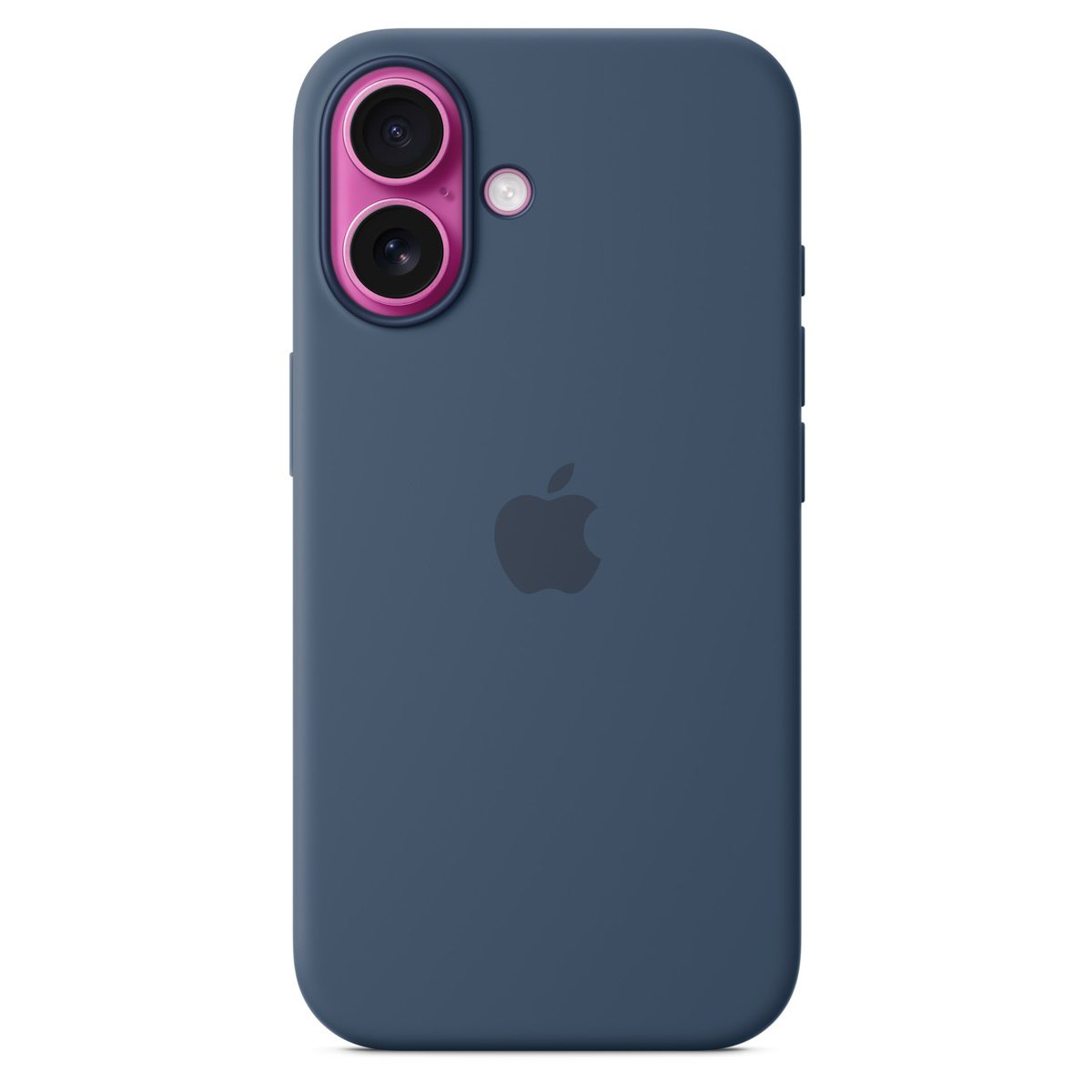 Coque d'iPhone bleu foncé avec anneau de caméra rose. Le logo Apple est au centre. La coque recouvre le téléphone.