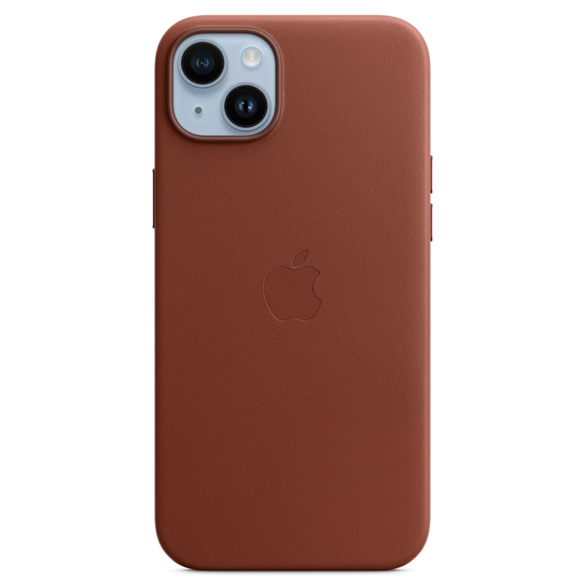 Bruine leren iPhone-hoes met het Apple-logo. De hoes heeft twee cameralenzen, een flitser en zijknoppen.