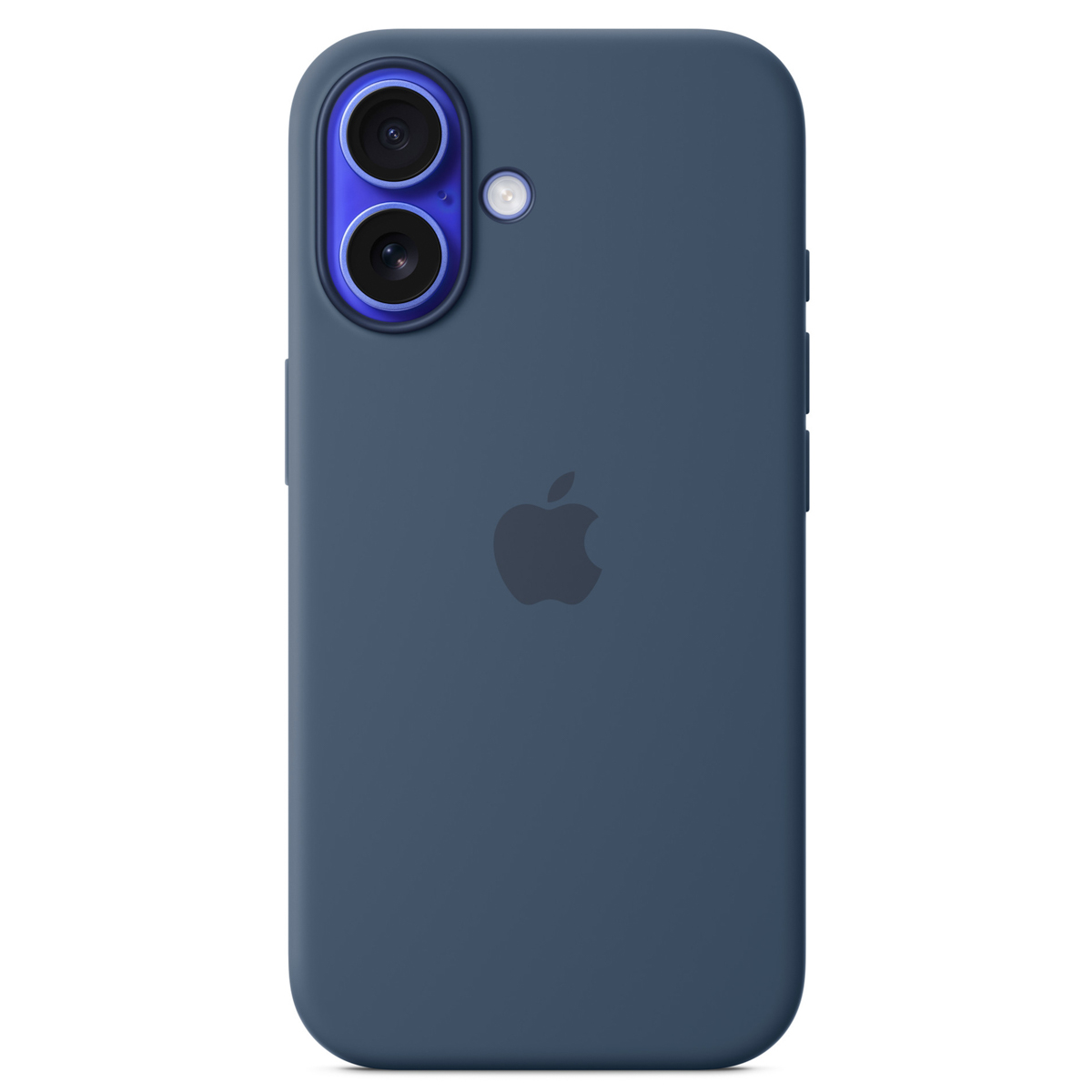 Une coque iPhone bleu foncé. Elle a le logo Apple et des lentilles de caméra. Le fond est blanc.