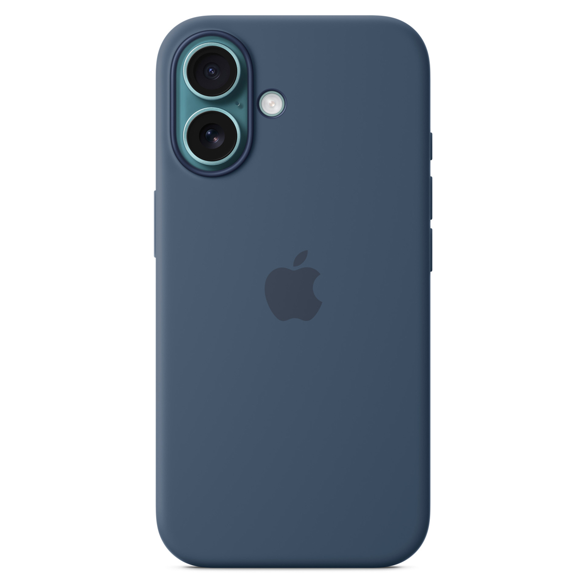 Une coque de téléphone bleu foncé. Elle comporte le logo Apple et un module caméra avec deux lentilles et un flash.