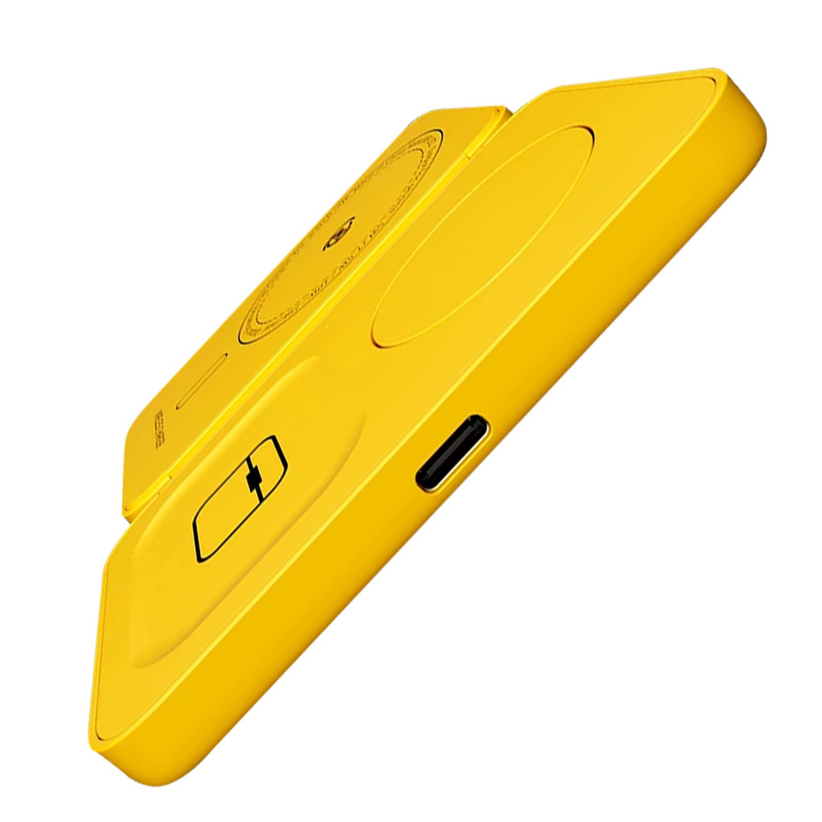 Un caricabatterie wireless giallo con due basi di ricarica e una porta USB-C. È su sfondo bianco.