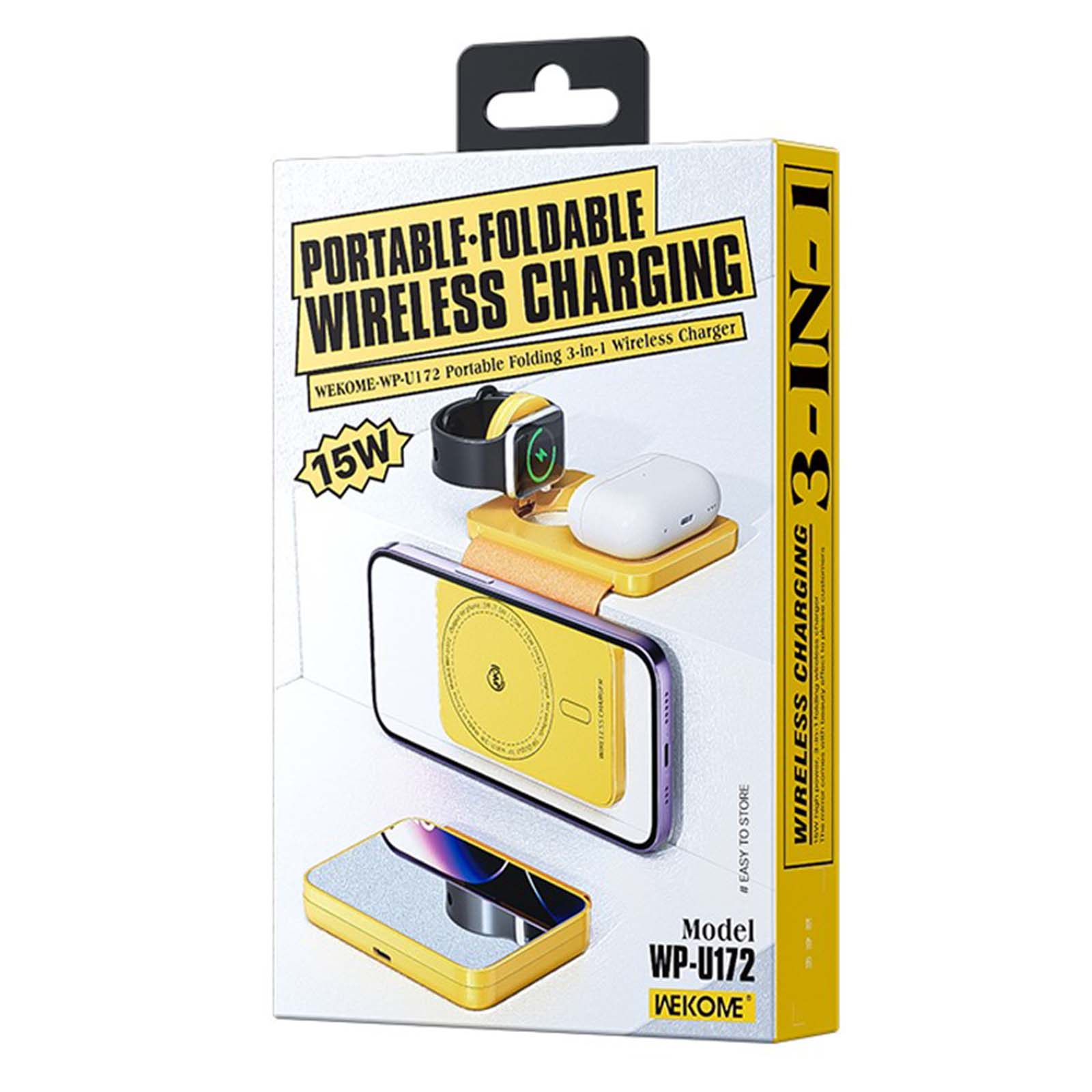 Una scatola con un caricabatterie wireless. Ha un telefono, un orologio e un caricabatterie per auricolari. La scatola è gialla e bianca.