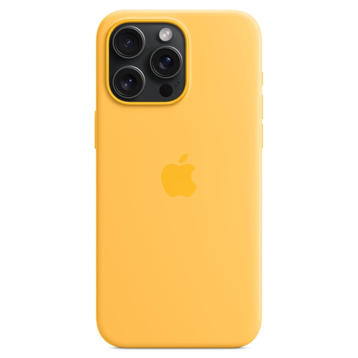 A yellow iPhone case with three camera lenses and an Apple logo, set against a white background.