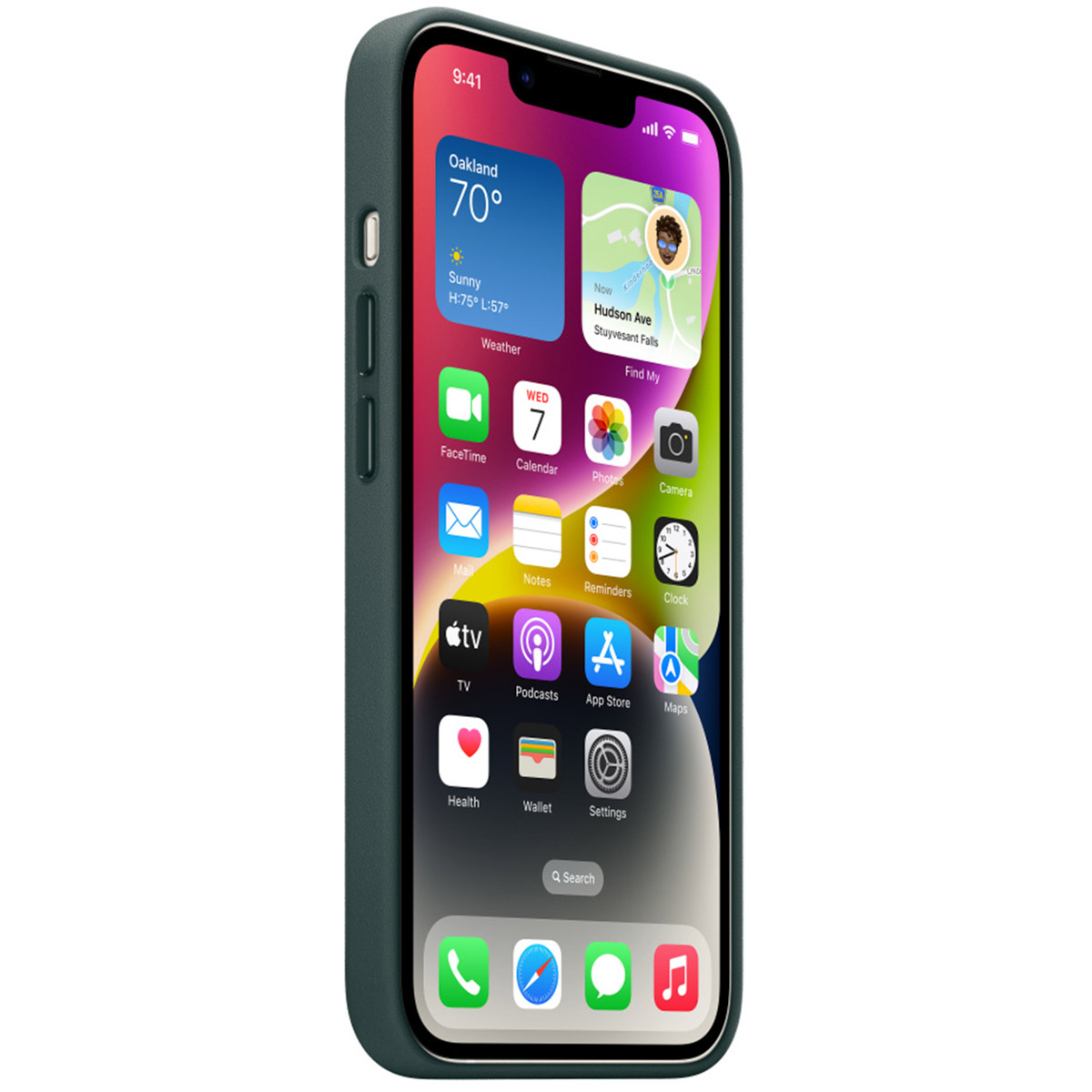 An iPhone with a green case displays the home screen with app icons. The screen shows weather and map widgets.