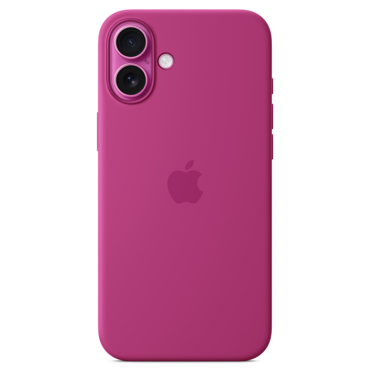 Magenta etui na iPhone z logo Apple. Posiada aparat z dwoma obiektywami i lampą błyskową. Etui zakrywa tył i boki telefonu.