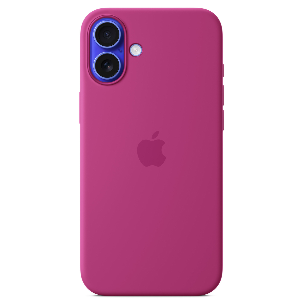 Magenta etui na telefon z modułem aparatu z dwoma obiektywami i logo Apple. Na białym tle.