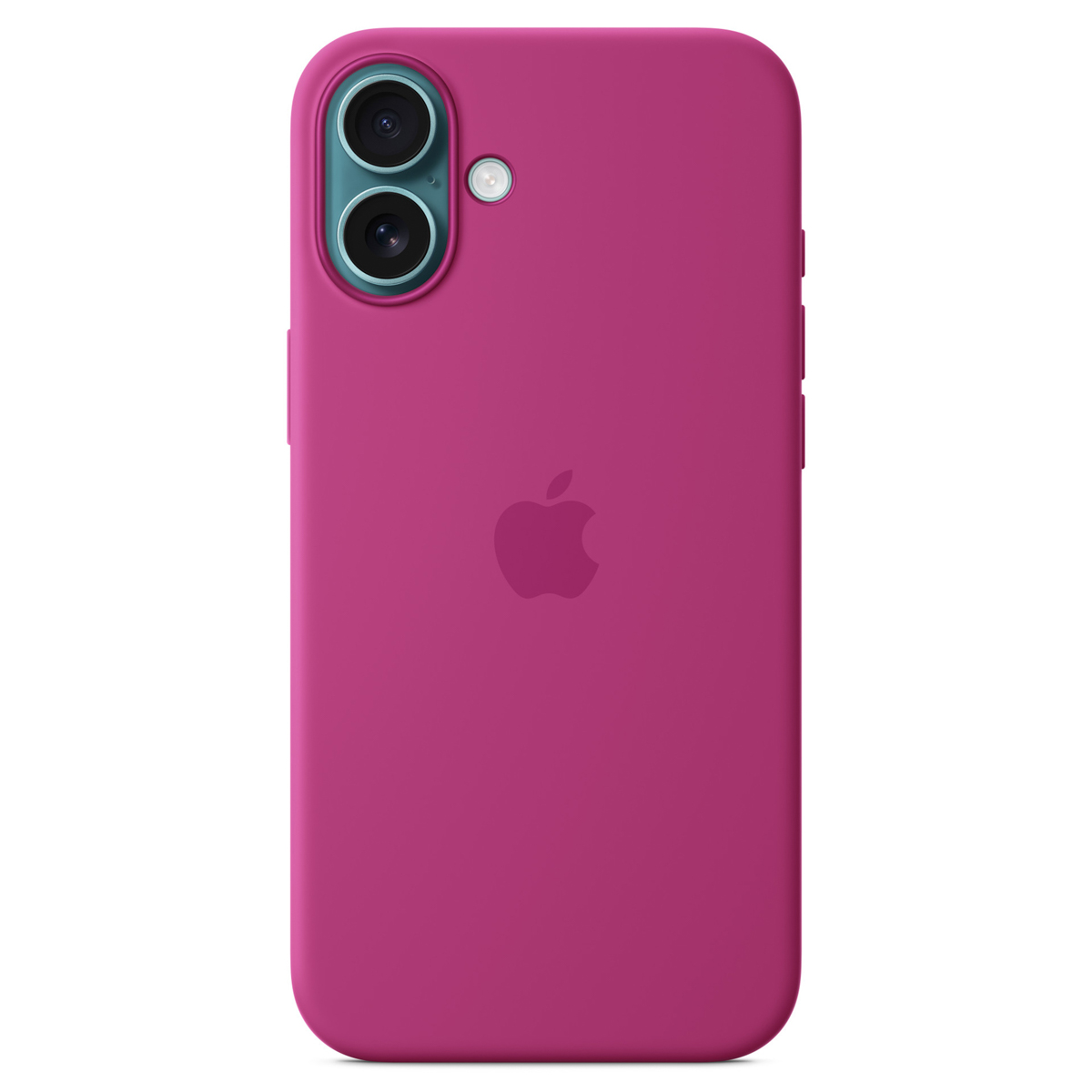 Magenta etui na telefon z logo Apple. Posiada dwa aparaty i lampę błyskową. Etui zakrywa telefon.