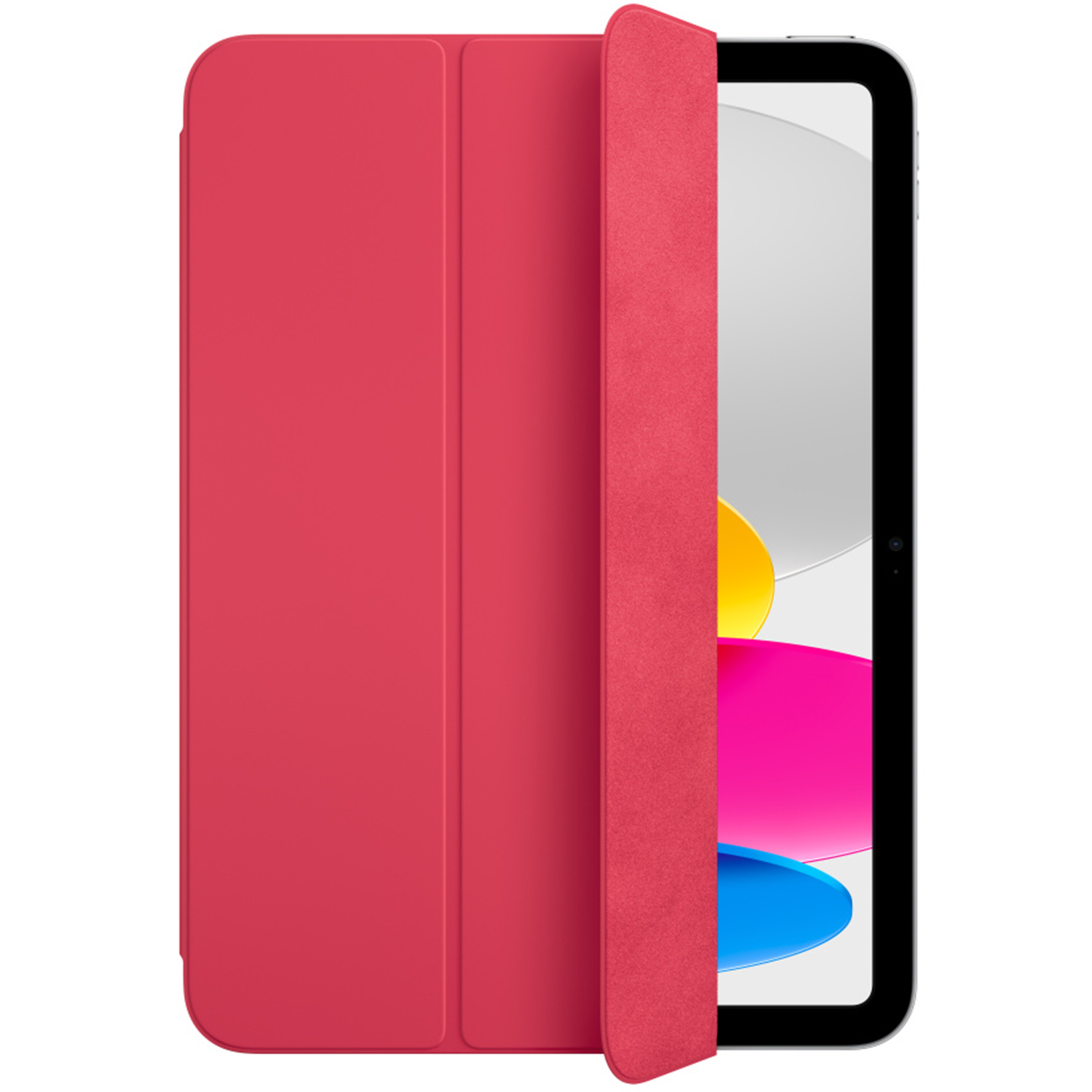 Un étui rouge pour iPad partiellement ouvert, révélant l'écran. L'écran affiche des formes colorées : jaune, rose et bleu.