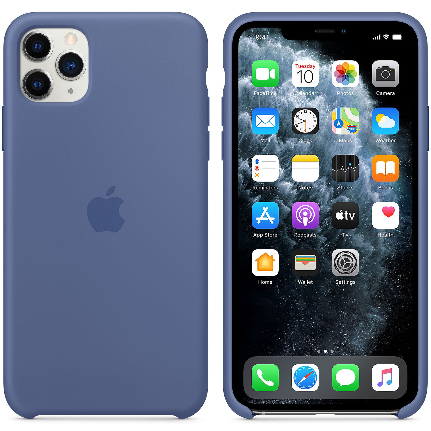 Un iPhone 11 Pro blu in una custodia abbinata. Lo schermo mostra app come FaceTime, Calendario e Fotocamera. Il logo Apple è sul retro.