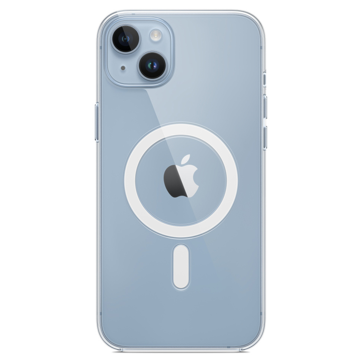 Eine klare iPhone-Hülle mit einem Apple-Logo. Das Telefon ist blau. Die Hülle hat einen weißen Kreis und ein weißes vertikales Rechteck.