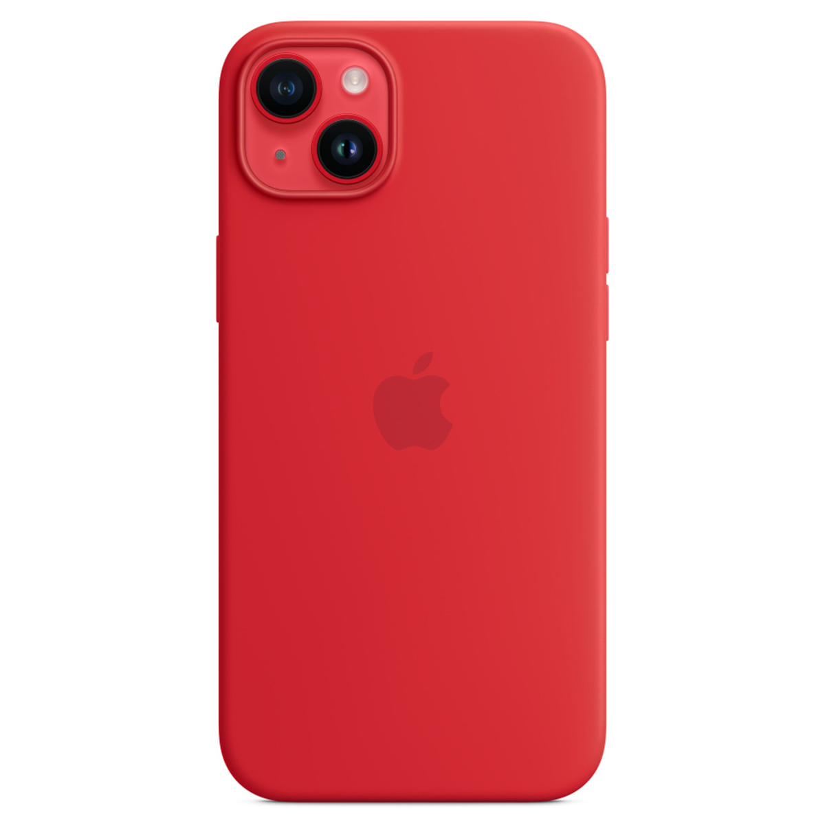 Een rode iPhone met een rode hoes. De telefoon heeft een camera met dubbele lens en een Apple-logo. De achtergrond is wit.
