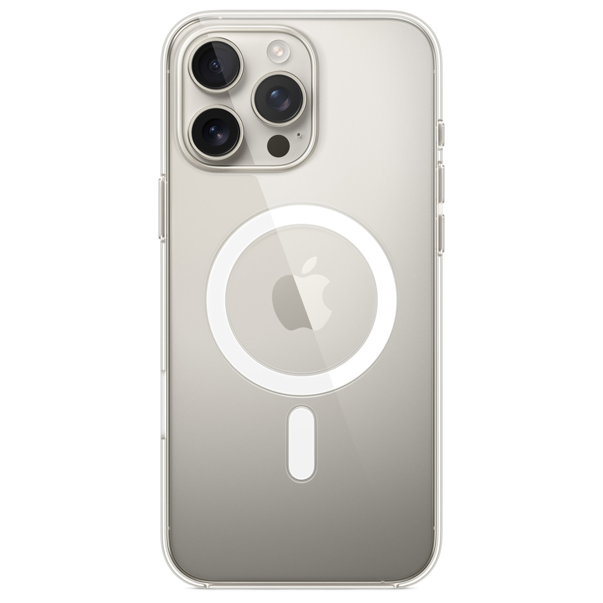 Funda transparente para iPhone con tres lentes de cámara, logotipo de Apple y anillo MagSafe sobre fondo blanco.