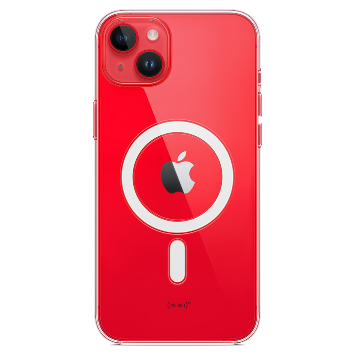 Ein rotes iPhone mit einer transparenten Hülle. Auf der Rückseite ist ein Apple-Logo und ein weißer Kreis zu sehen.