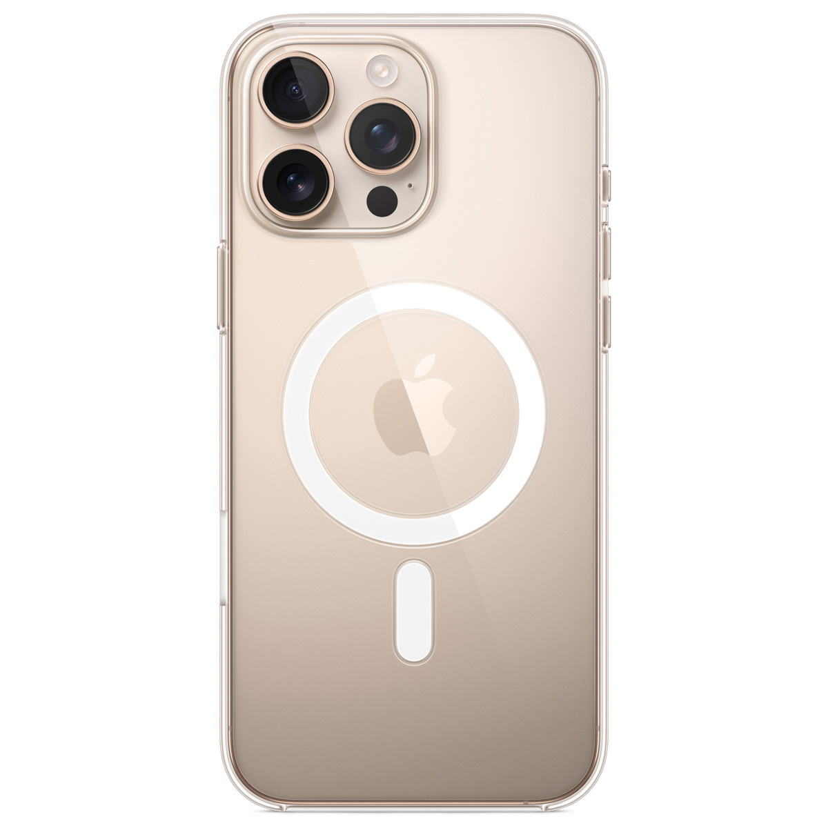 Funda transparente para iPhone, con recortes para cámara y anillo MagSafe, con el logotipo de Apple. La funda es transparente y muestra un teléfono marrón claro.