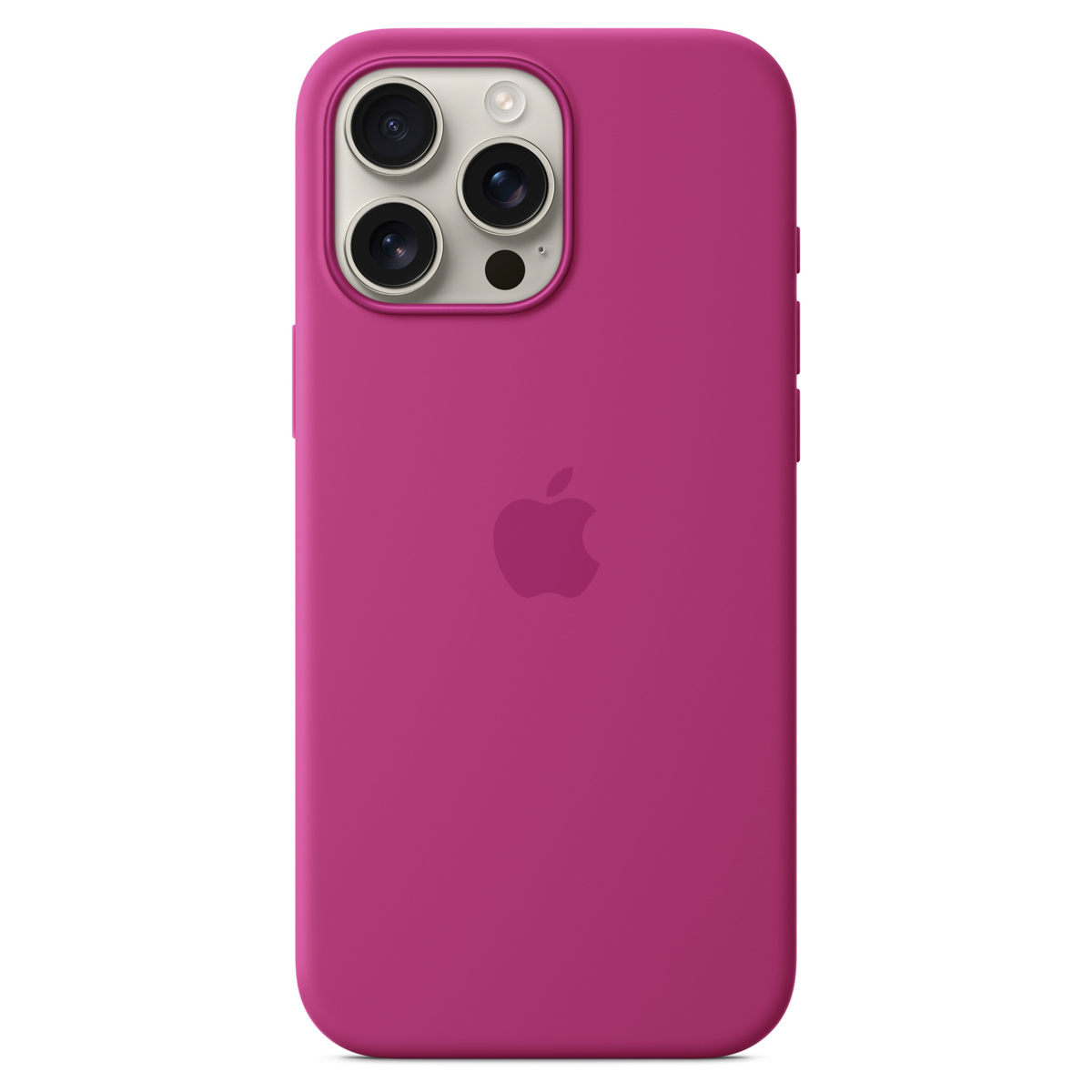 Magenta etui na iPhone z trzema obiektywami aparatu i logo Apple.