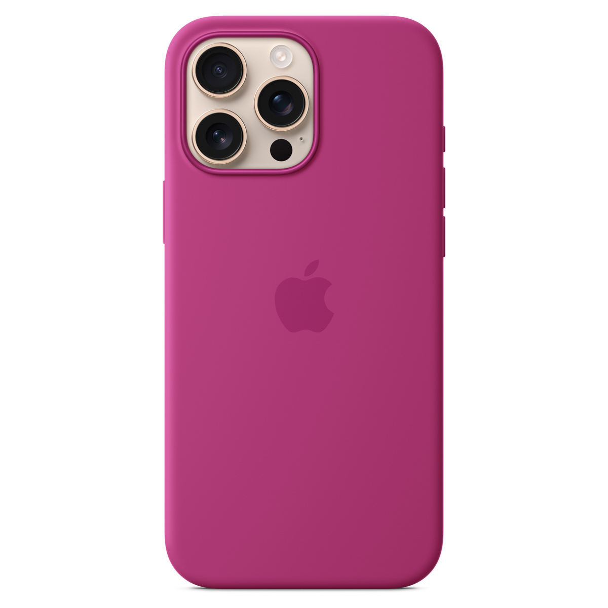 Magenta etui na iPhone z trzema obiektywami aparatu i logo Apple.