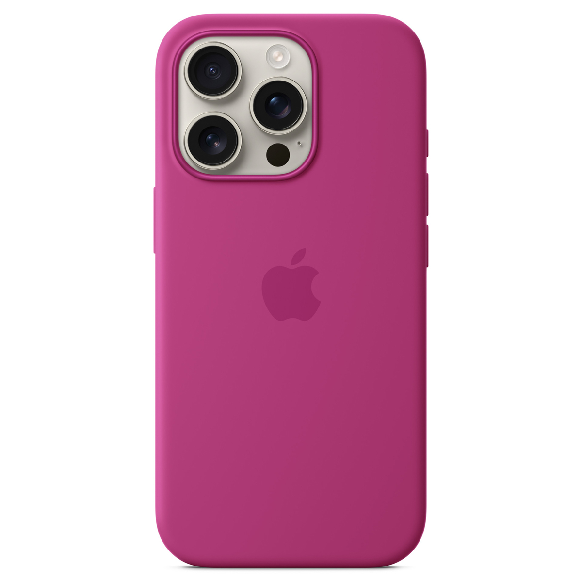 Magentowy pokrowiec na iPhone'a z trzema obiektywami i logo Apple. Etui jest gładkie i ma zaokrąglone rogi.