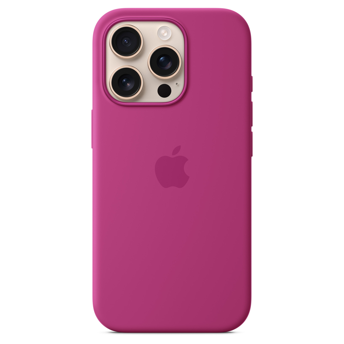 Magenta obudowa iPhone'a z trzema obiektywami, lampą błyskową i logo Apple.