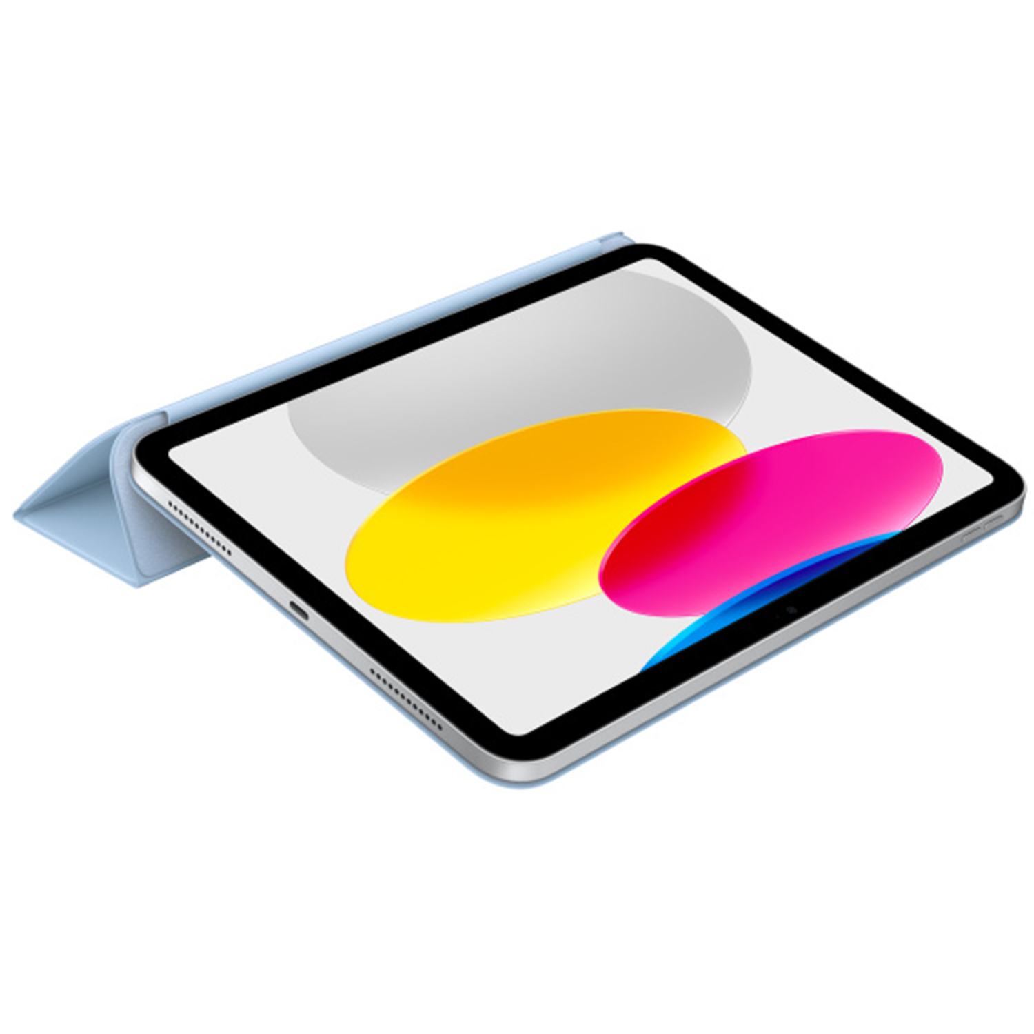 Ein iPad mit hellblauer Hülle. Der Bildschirm zeigt gelbe, rosa und weiße Farben. Die Hülle ist zurückgeklappt.
