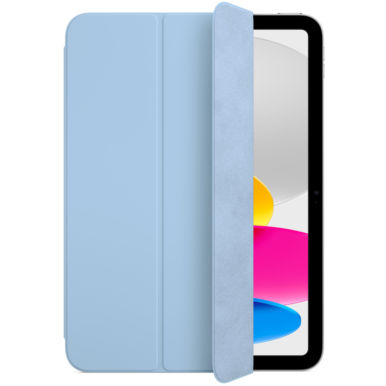 Eine hellblaue iPad-Hülle, teilweise geöffnet, zeigt den Bildschirm mit bunten Formen. Die Hülle hat eine einfarbige hellblaue Farbe.