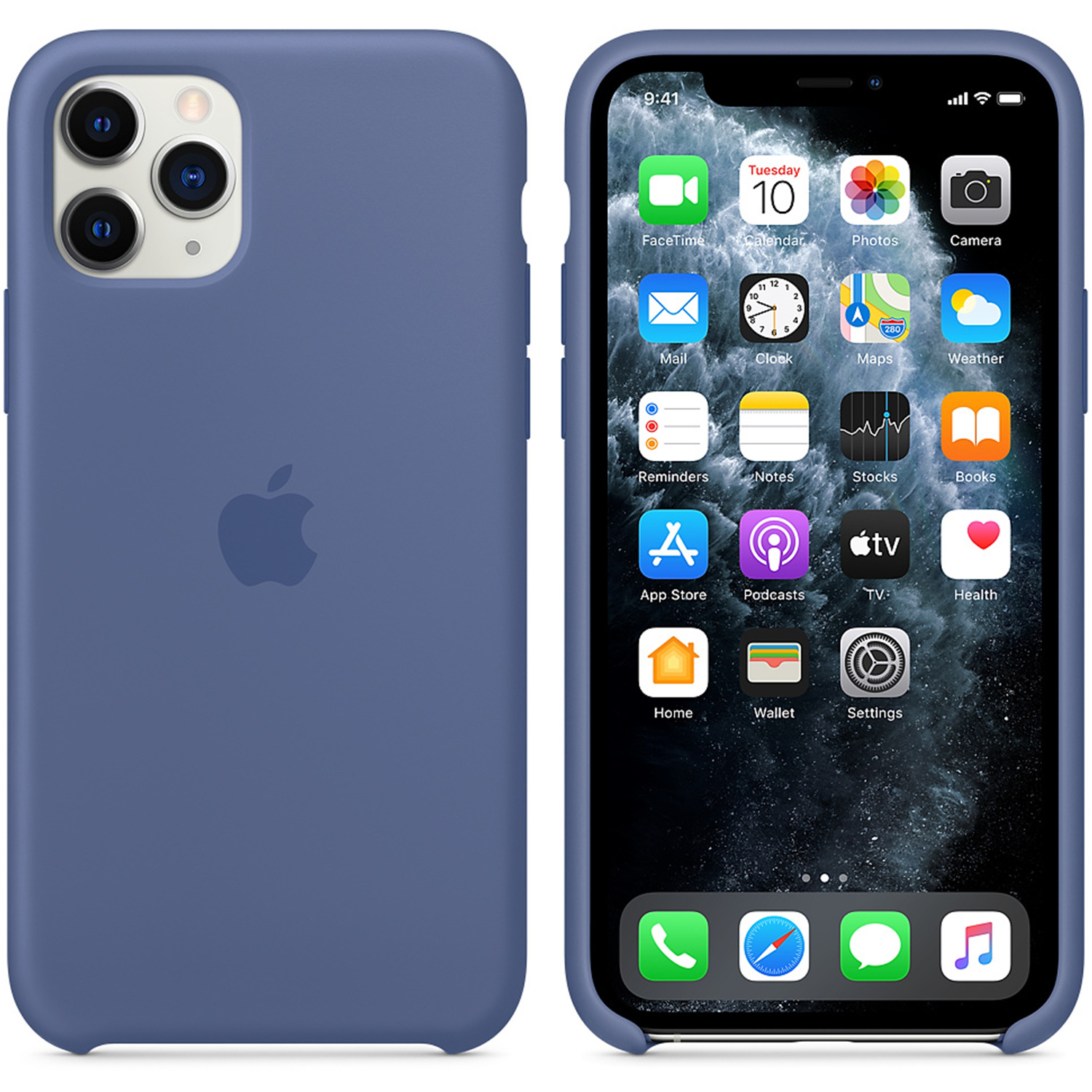 Ein blaues iPhone 11 Pro mit eingeschaltetem Bildschirm, der App-Symbole anzeigt. Das Telefon befindet sich in einer blauen Hülle mit Apple-Logo.