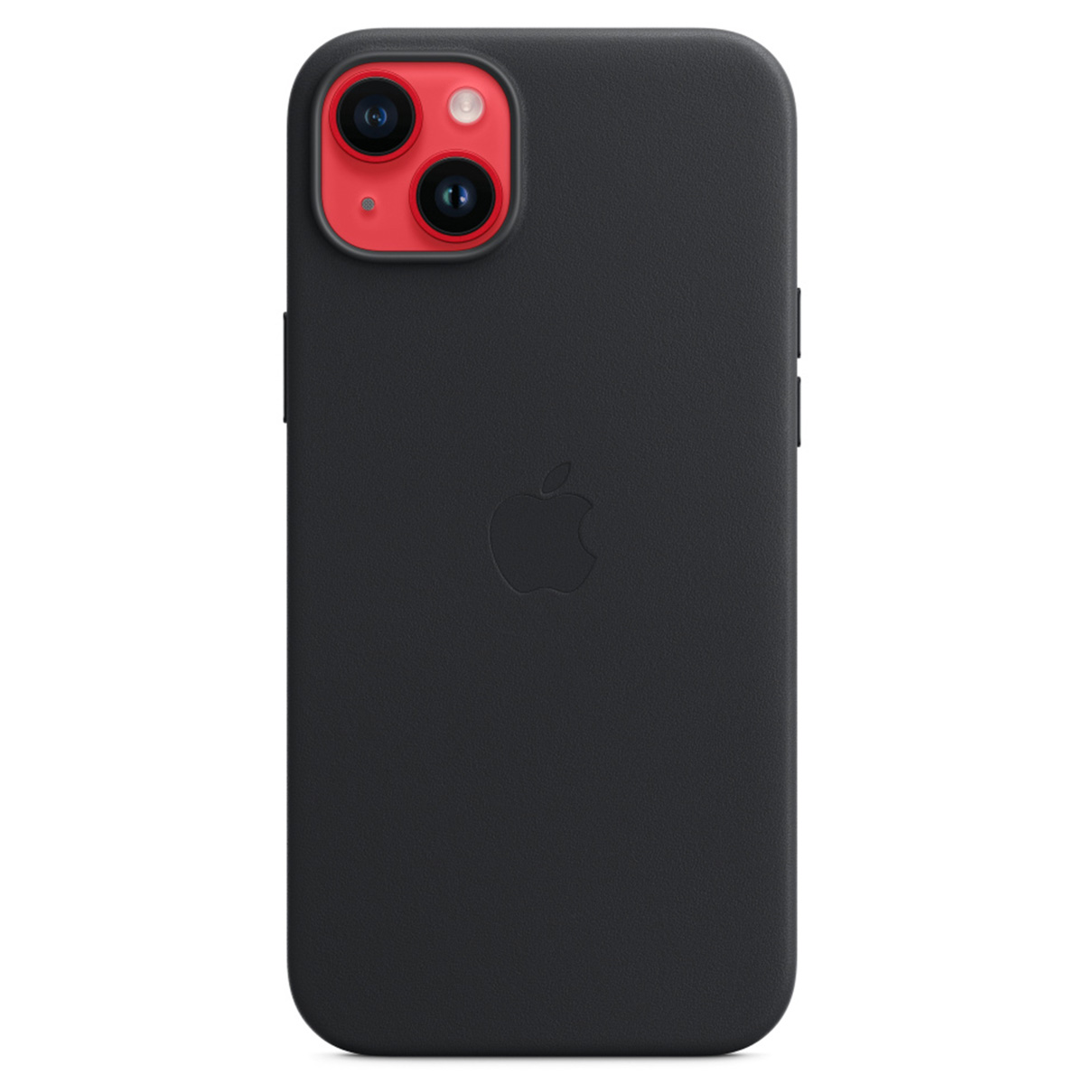 Un iPhone noir avec un boîtier de caméra rouge. Un logo Apple est en relief au dos. Le téléphone est dans un étui noir.