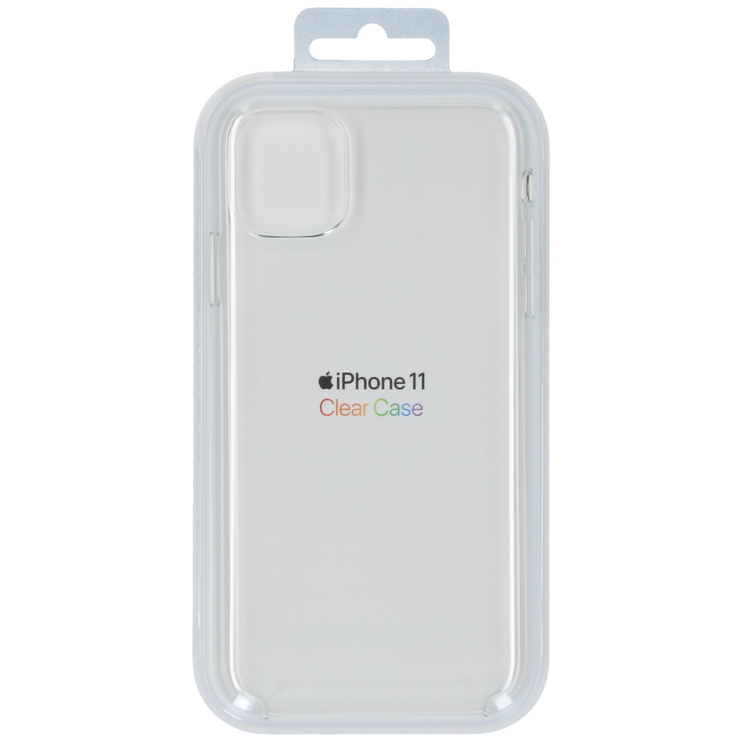 Eine transparente iPhone 11 Hülle in der Verpackung. Die Hülle hat einen Kameraausschnitt und das iPhone 11 Clear Case Logo.