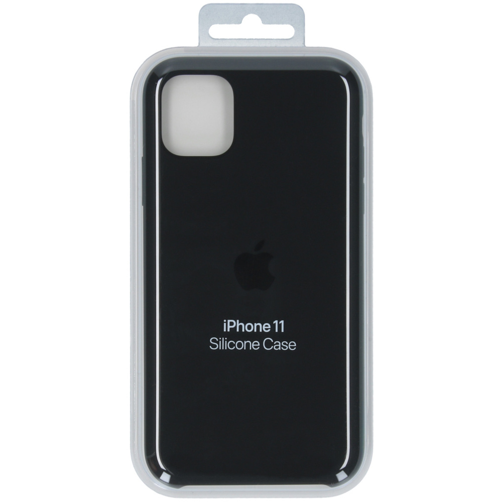 Black iPhone 11 silicone case in clear plastic packaging. The Apple logo and product name are visible.