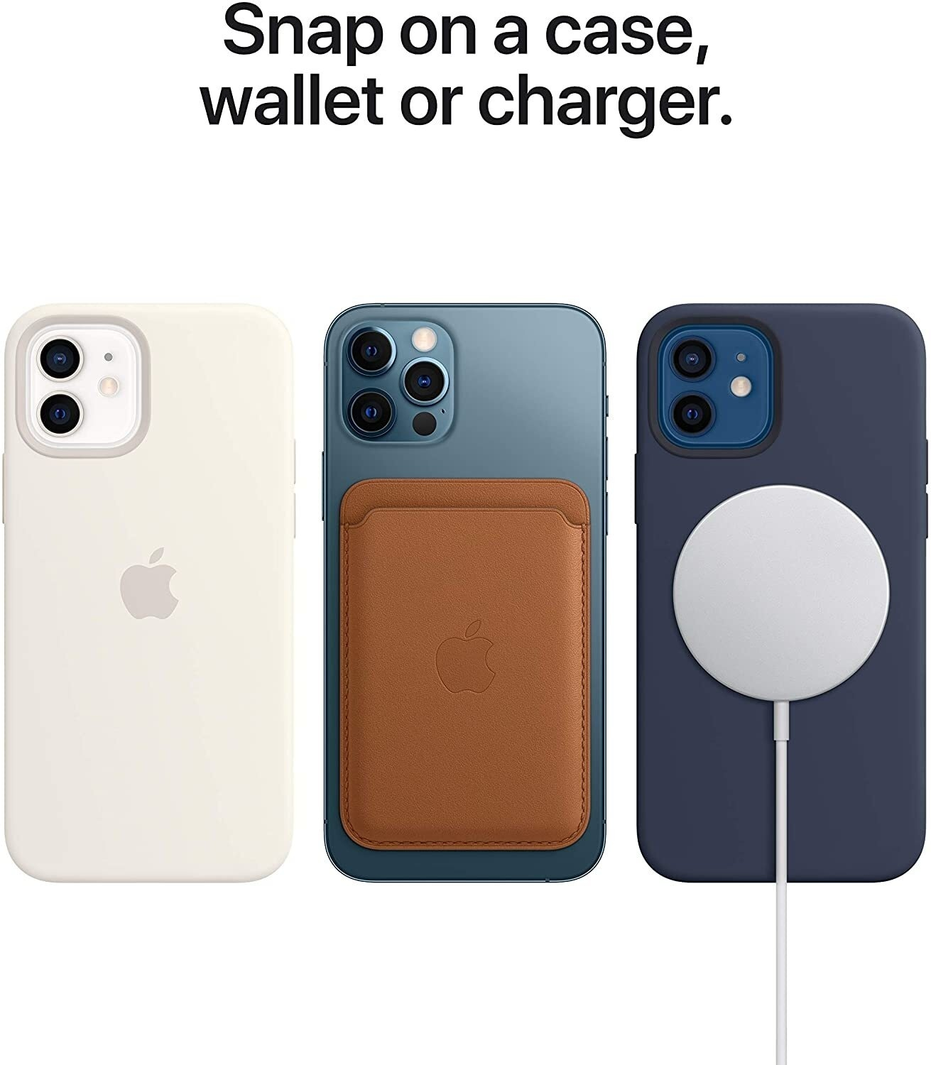 Trois iPhones avec accessoires: un étui blanc, un portefeuille marron et un étui bleu avec un chargeur blanc.
