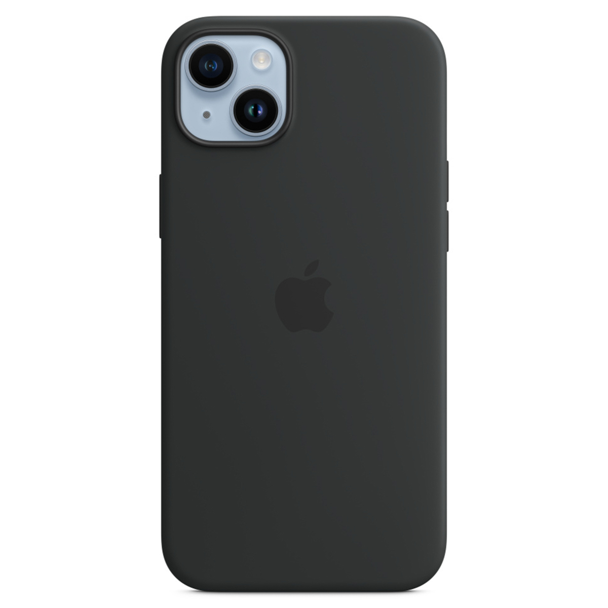 Een donkergrijze iPhone-hoes met het Apple-logo. De hoes heeft een camerabult met twee lenzen.