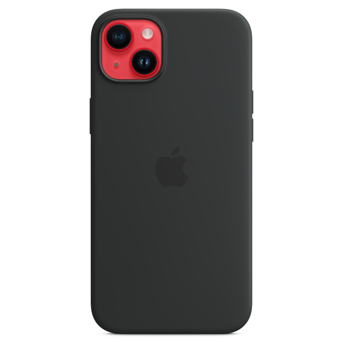 Zwarte iPhone met rode camera-accenten. Apple-logo op de achterkant. De telefoon zit in een zwarte hoes.