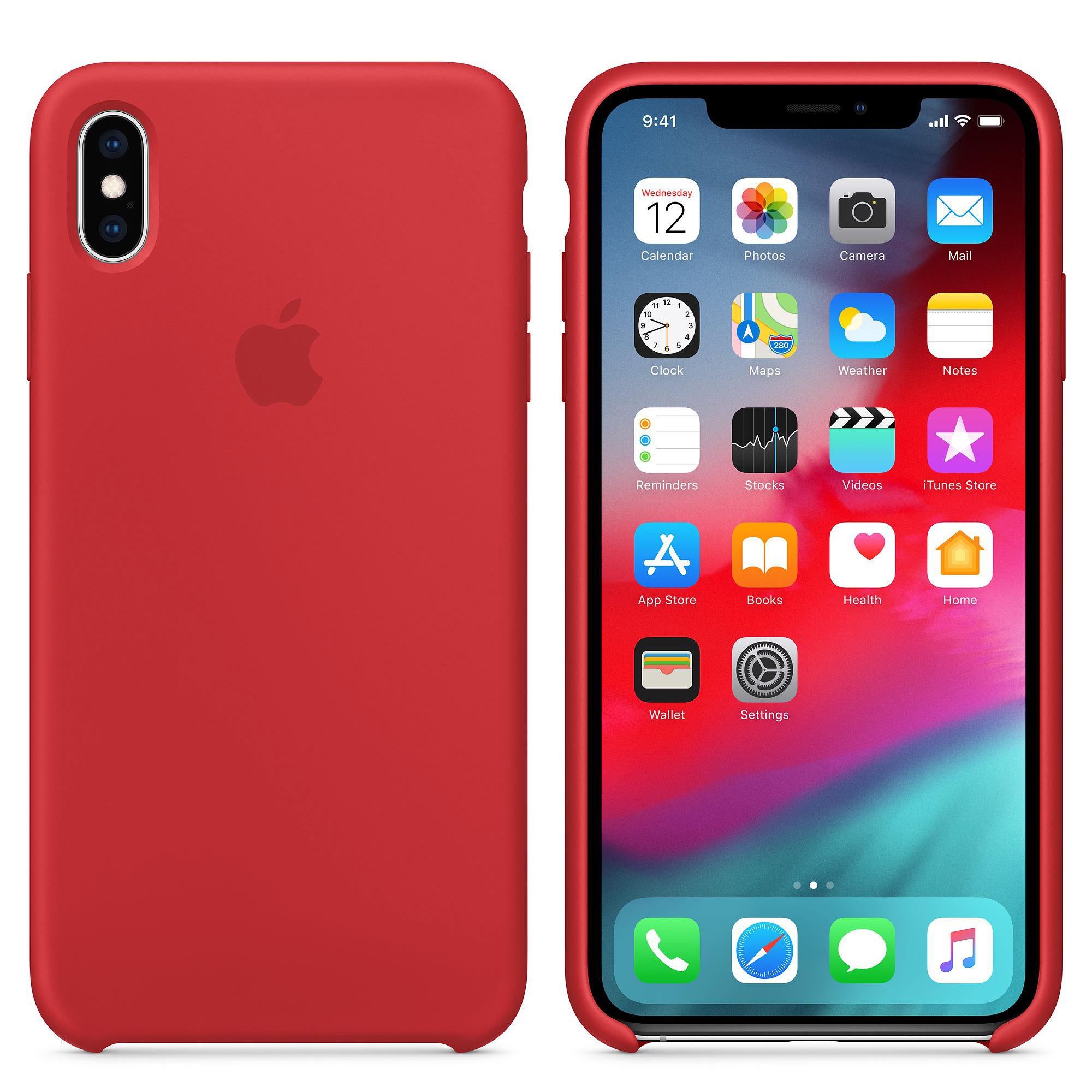 Rode iPhone X in een rode hoes. Het scherm toont het startscherm met apps. De hoes bedekt de telefoon.
