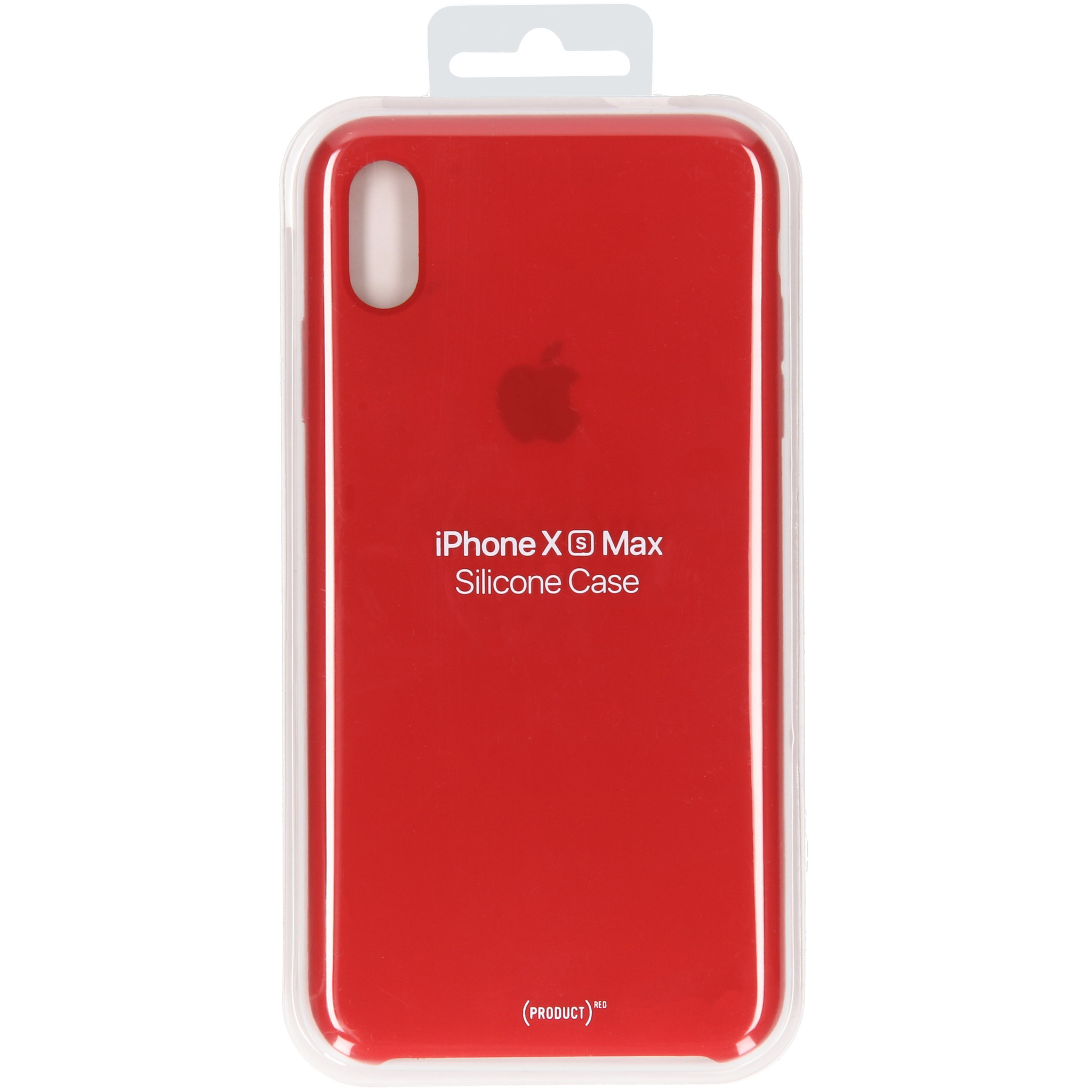 Een rode iPhone X Max siliconen hoes in een transparante plastic verpakking. Het Apple-logo is zichtbaar.
