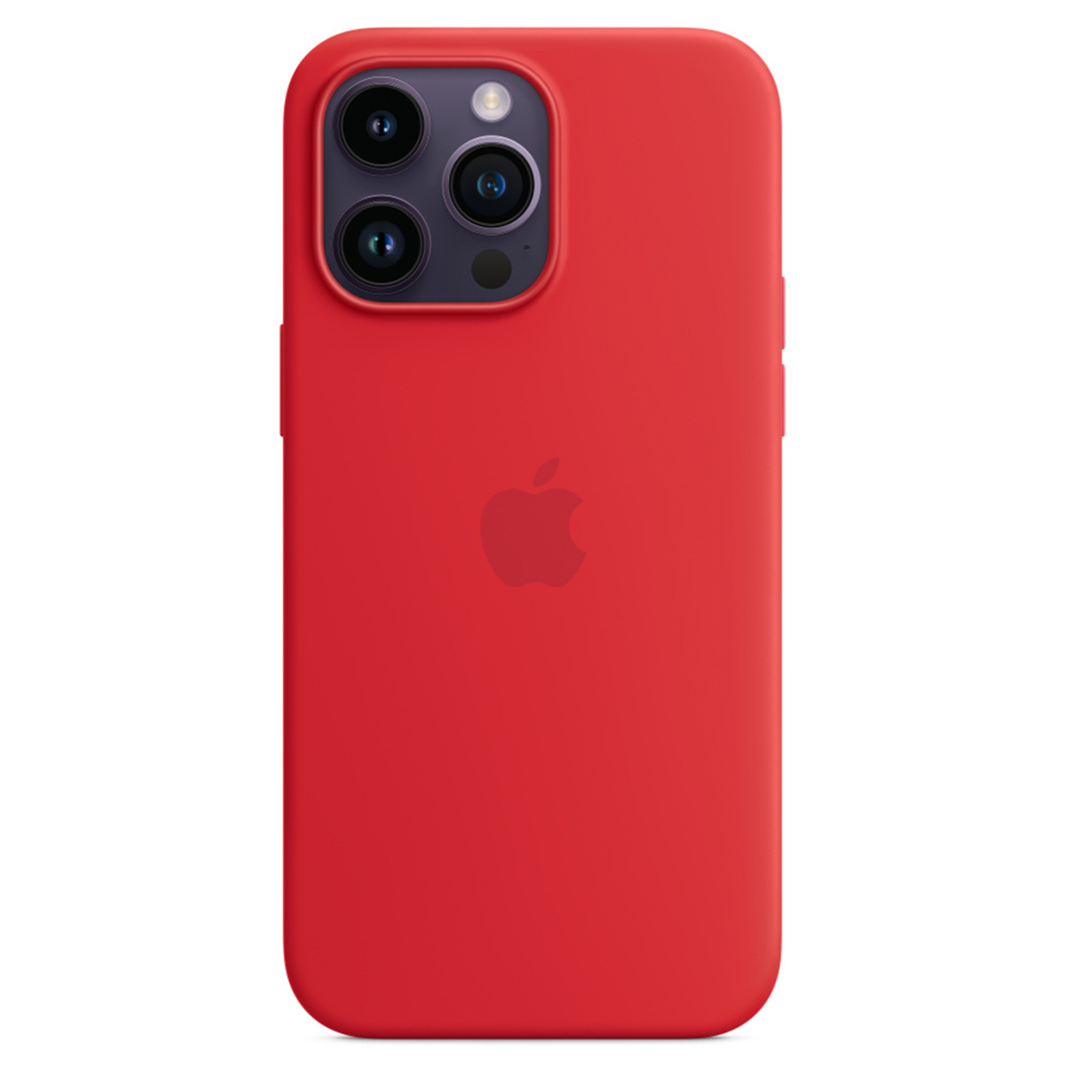 Coque iPhone rouge avec système triple caméra et logo Apple. La coque est sur fond blanc, avec des coins arrondis.