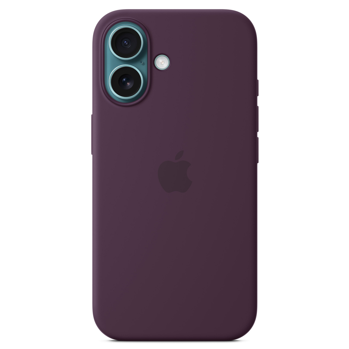 Una custodia per iPhone viola scuro con il logo Apple. Il telefono ha due fotocamere e un flash. Lo sfondo è bianco.