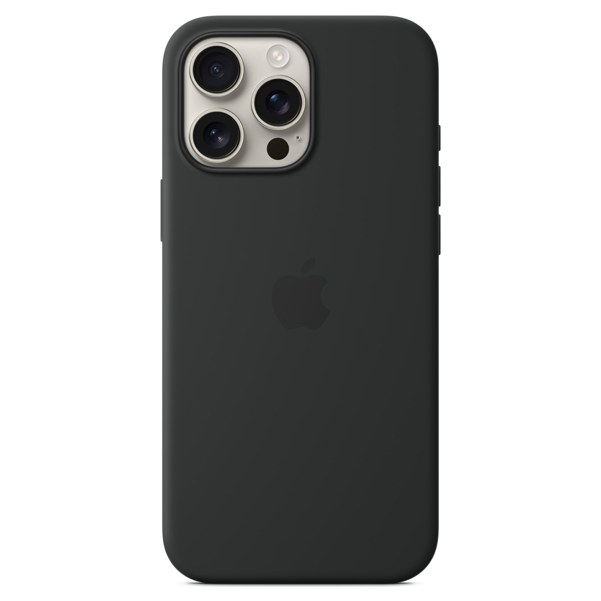 Un iPhone gris oscuro con una funda negra. Las lentes de la cámara del teléfono son visibles. Un logotipo de Apple está en la parte posterior.
