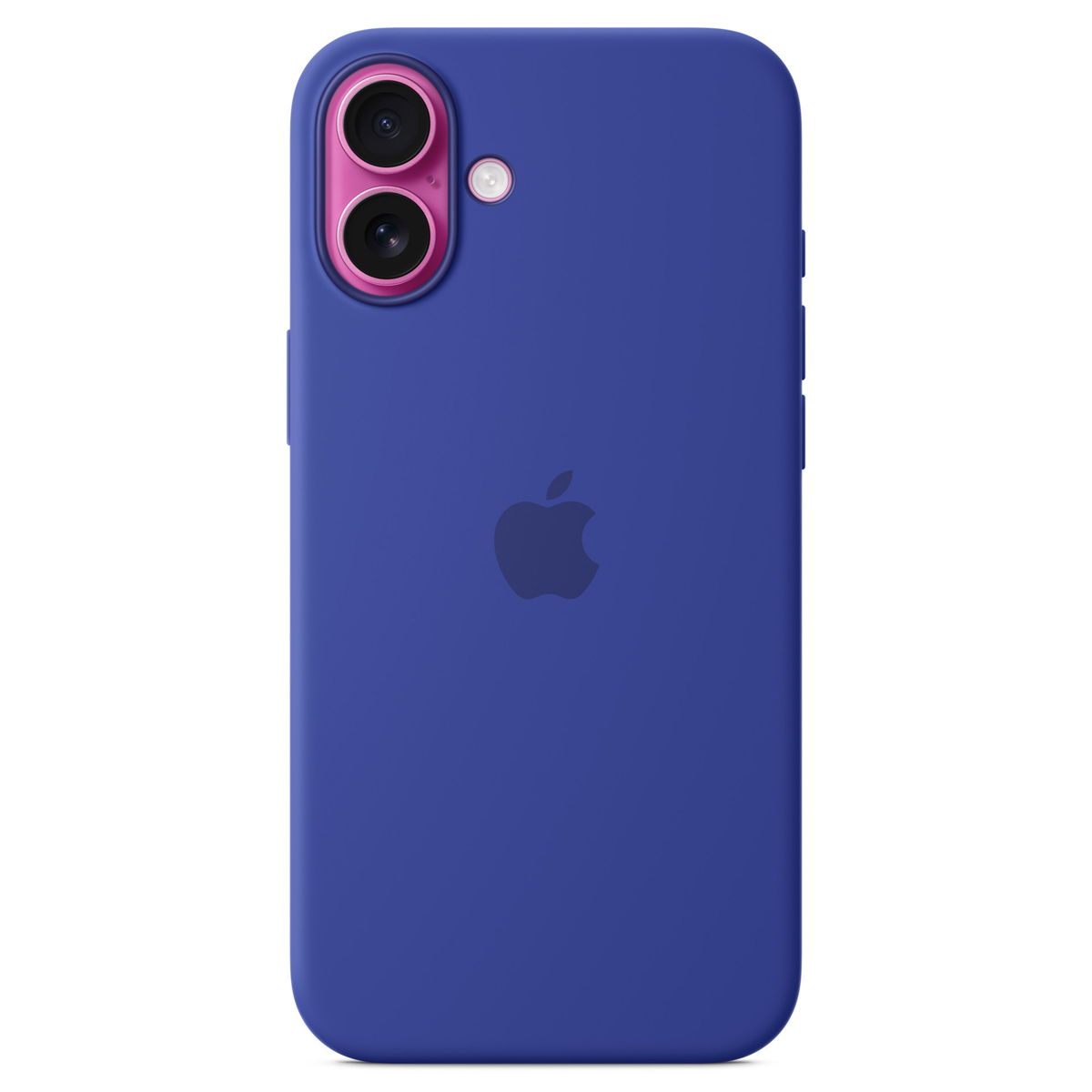 Une coque d'iPhone bleue. Elle a un contour de caméra rose et un logo Apple. La coque est sur fond blanc.