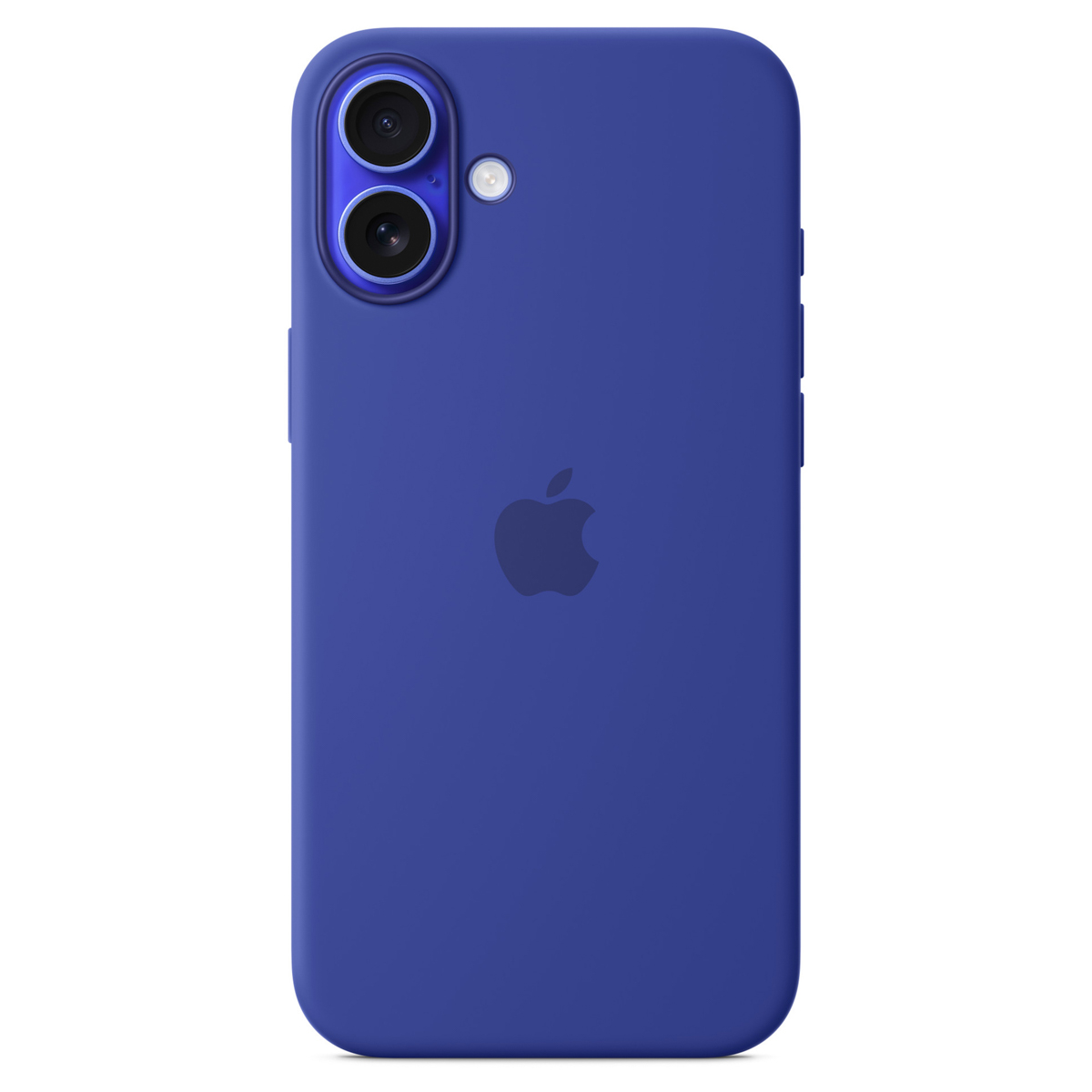 Un iPhone bleu avec un ensemble de caméras et le logo Apple. Il est sur fond blanc, montrant l'arrière du téléphone.
